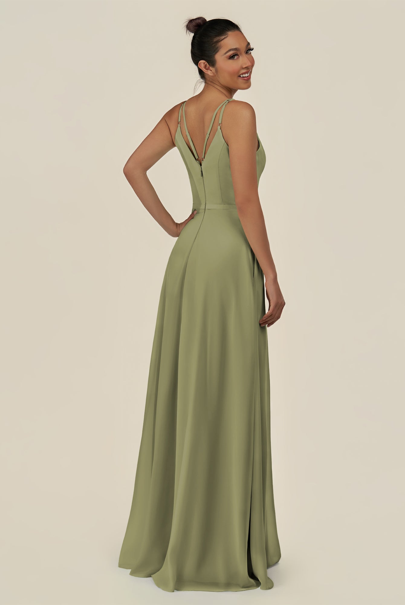 KissDress-Lurne Thyme A Line Chiffon V Neck Long Bridesmaid Dress with Cinched Waistline