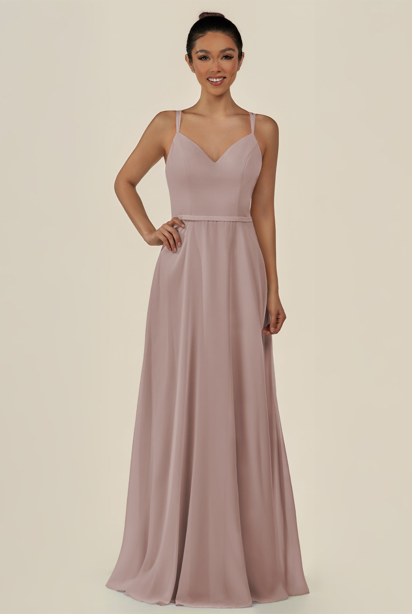 KissDress-Lurne Toffee A Line Chiffon V Neck Long Bridesmaid Dress with Cinched Waistline