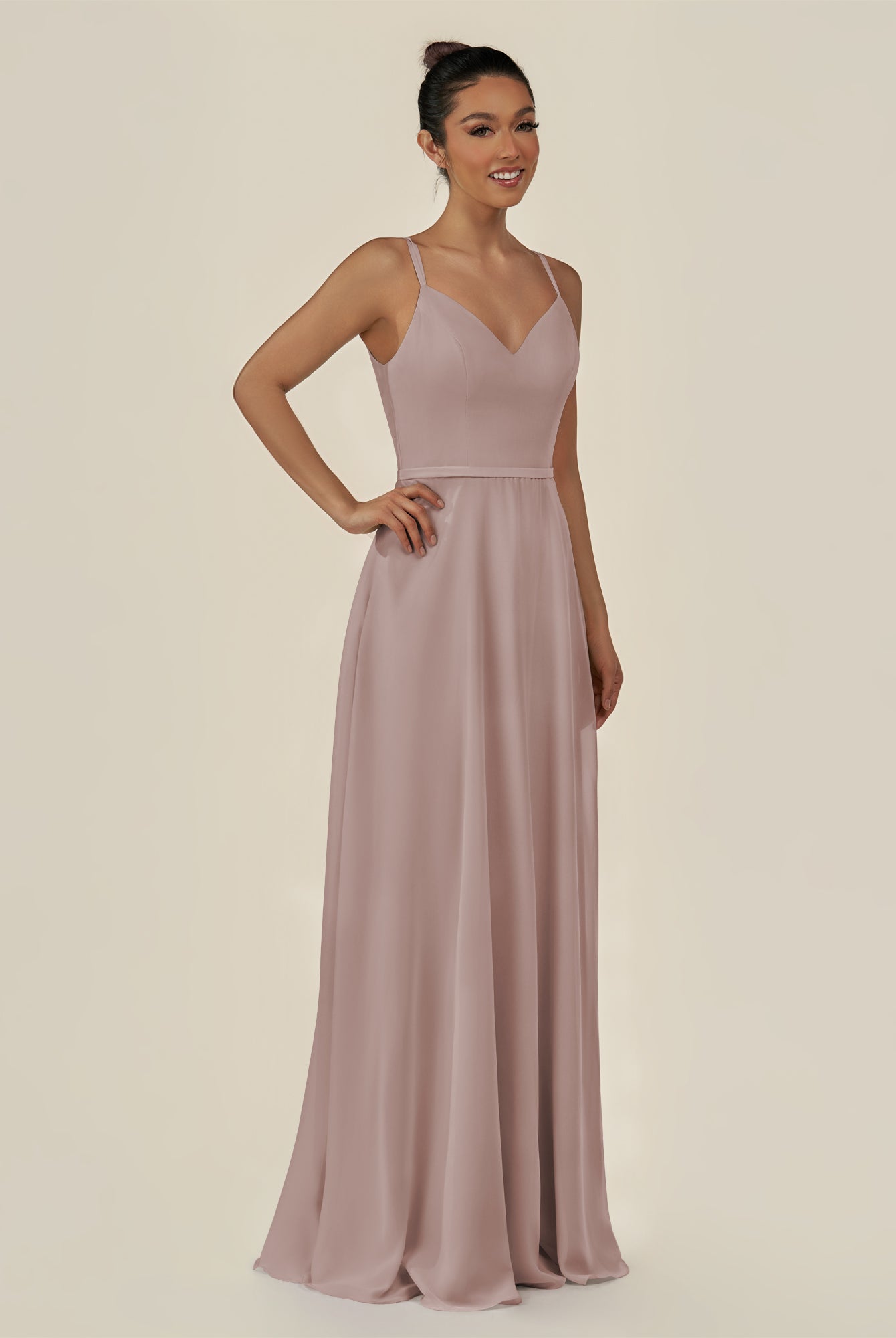 KissDress-Lurne Toffee A Line Chiffon V Neck Long Bridesmaid Dress with Cinched Waistline