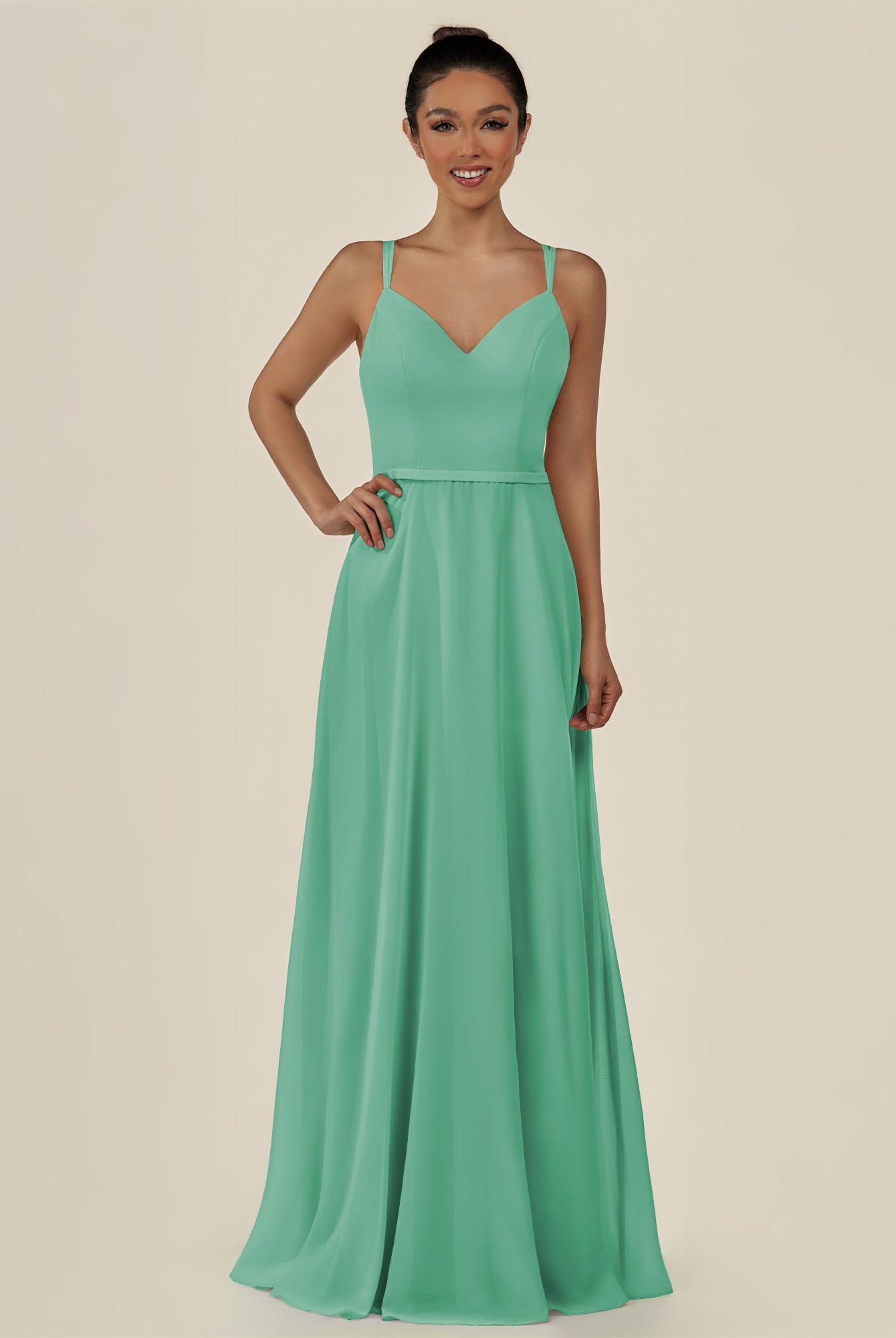 KissDress-Lurne Turquoise A Line Chiffon V Neck Long Bridesmaid Dress with Cinched Waistline
