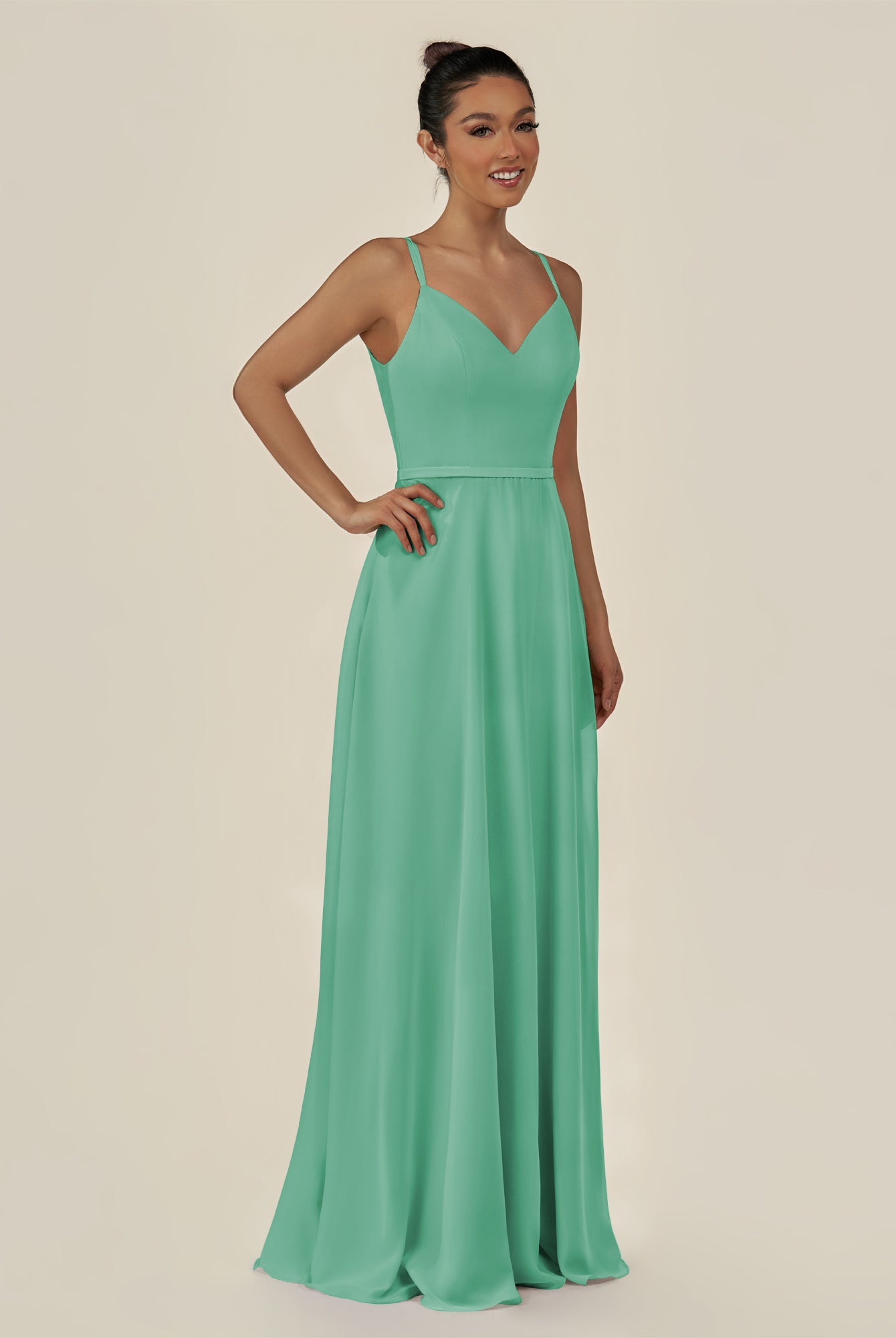 KissDress-Lurne Turquoise A Line Chiffon V Neck Long Bridesmaid Dress with Cinched Waistline