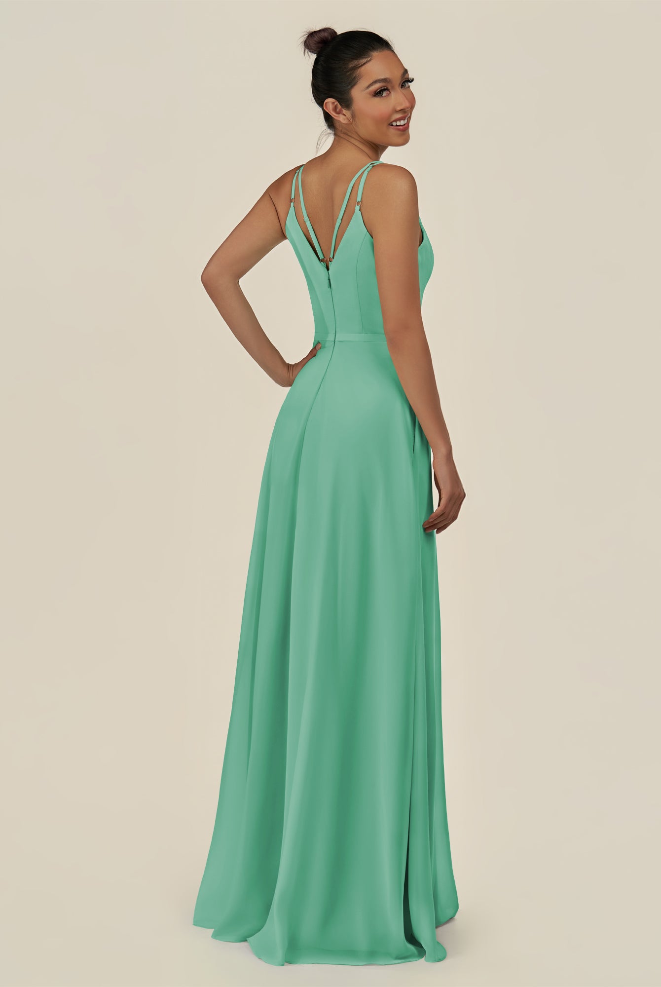 KissDress-Lurne Turquoise A Line Chiffon V Neck Long Bridesmaid Dress with Cinched Waistline