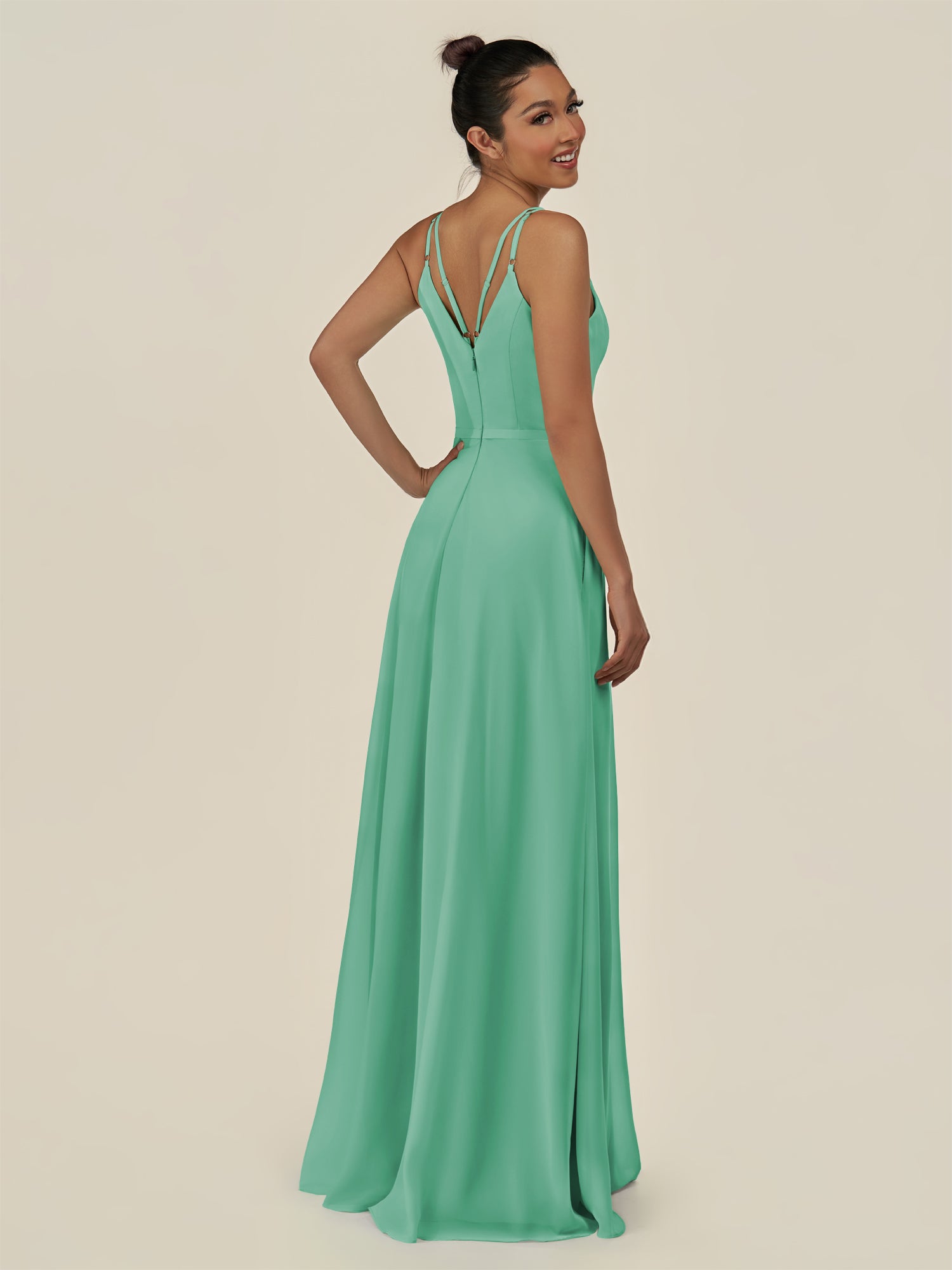 KissDress-Lurne Turquoise A Line Chiffon V Neck Long Bridesmaid Dress with Cinched Waistline