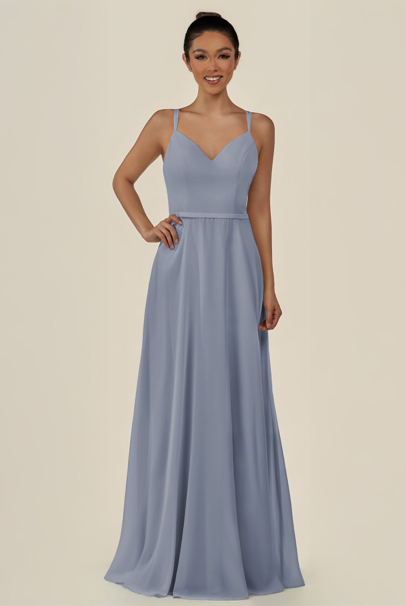 KissDress-Lurne Twilight A Line Chiffon V Neck Long Bridesmaid Dress with Cinched Waistline