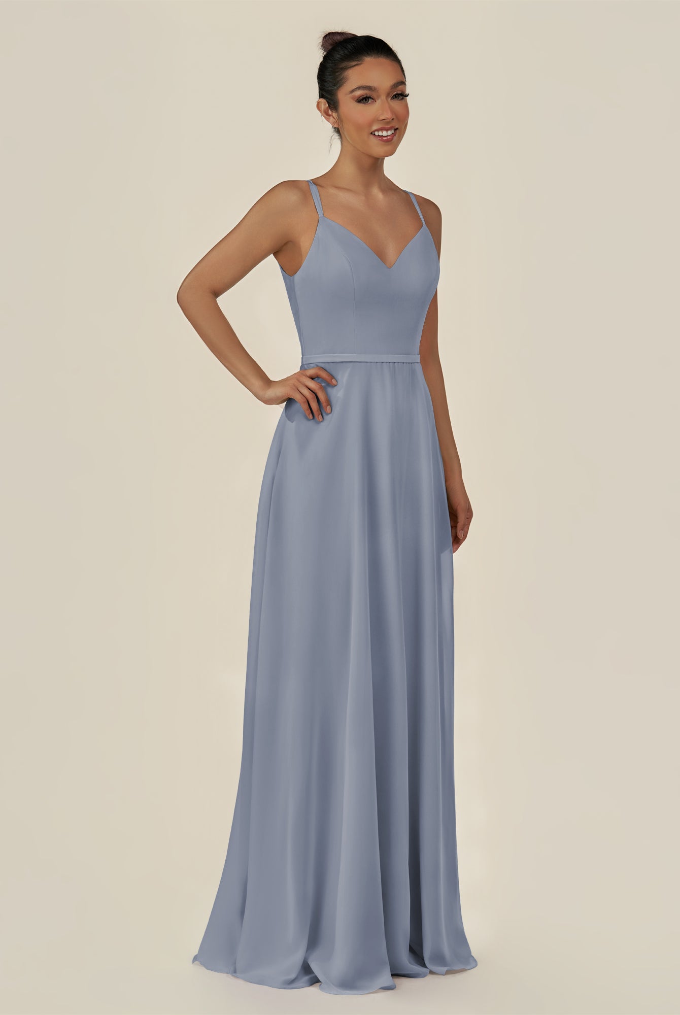 KissDress-Lurne Twilight A Line Chiffon V Neck Long Bridesmaid Dress with Cinched Waistline