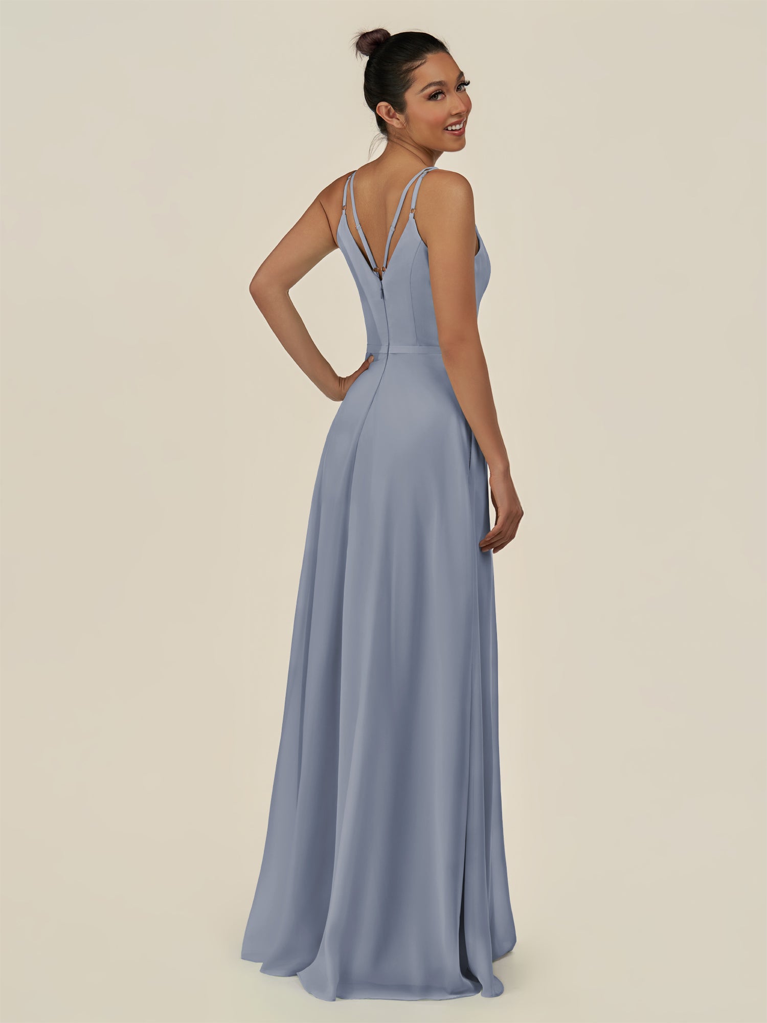 KissDress-Lurne Twilight A Line Chiffon V Neck Long Bridesmaid Dress with Cinched Waistline