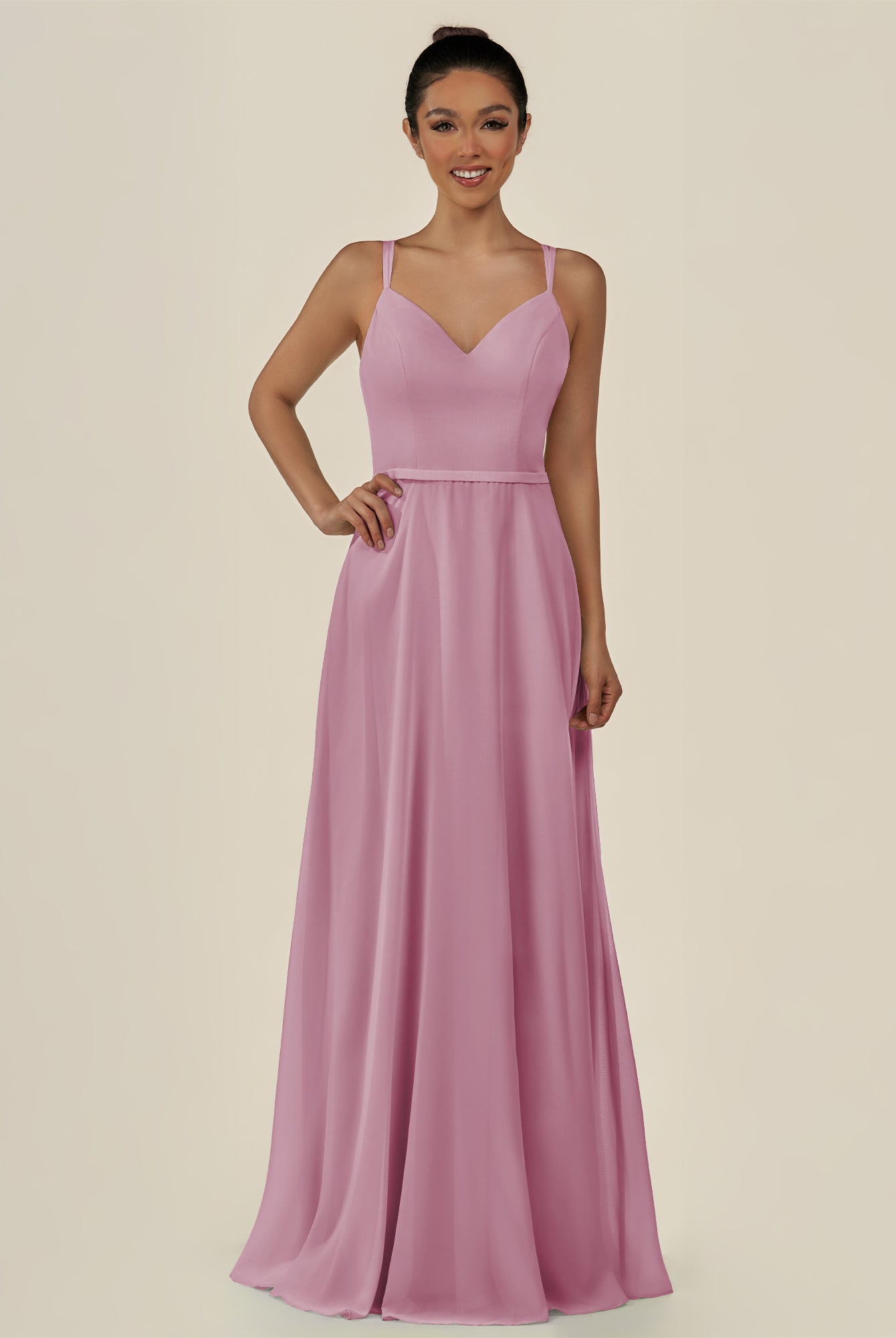 KissDress-Lurne Vintage Mauve A Line Chiffon V Neck Long Bridesmaid Dress with Cinched Waistline