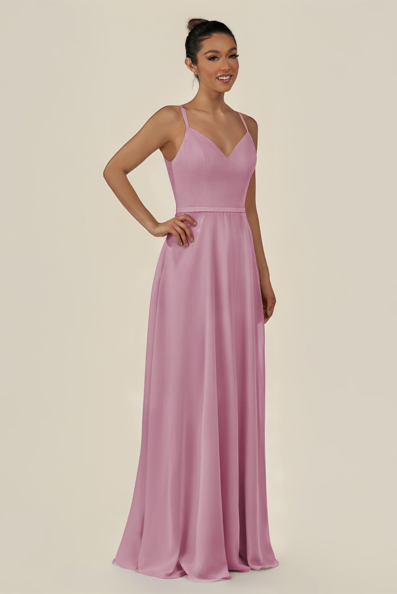 KissDress-Lurne Vintage Mauve A Line Chiffon V Neck Long Bridesmaid Dress with Cinched Waistline