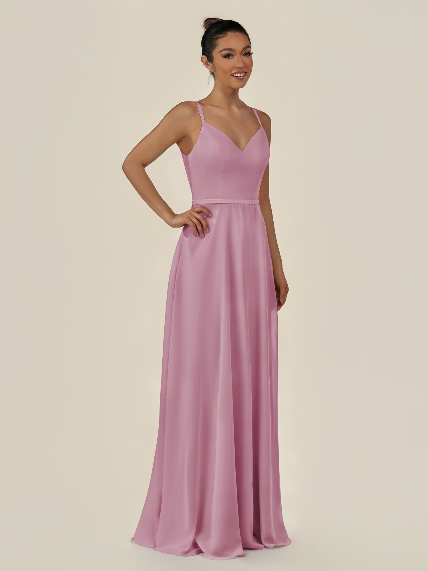KissDress-Lurne Vintage Mauve A Line Chiffon V Neck Long Bridesmaid Dress with Cinched Waistline