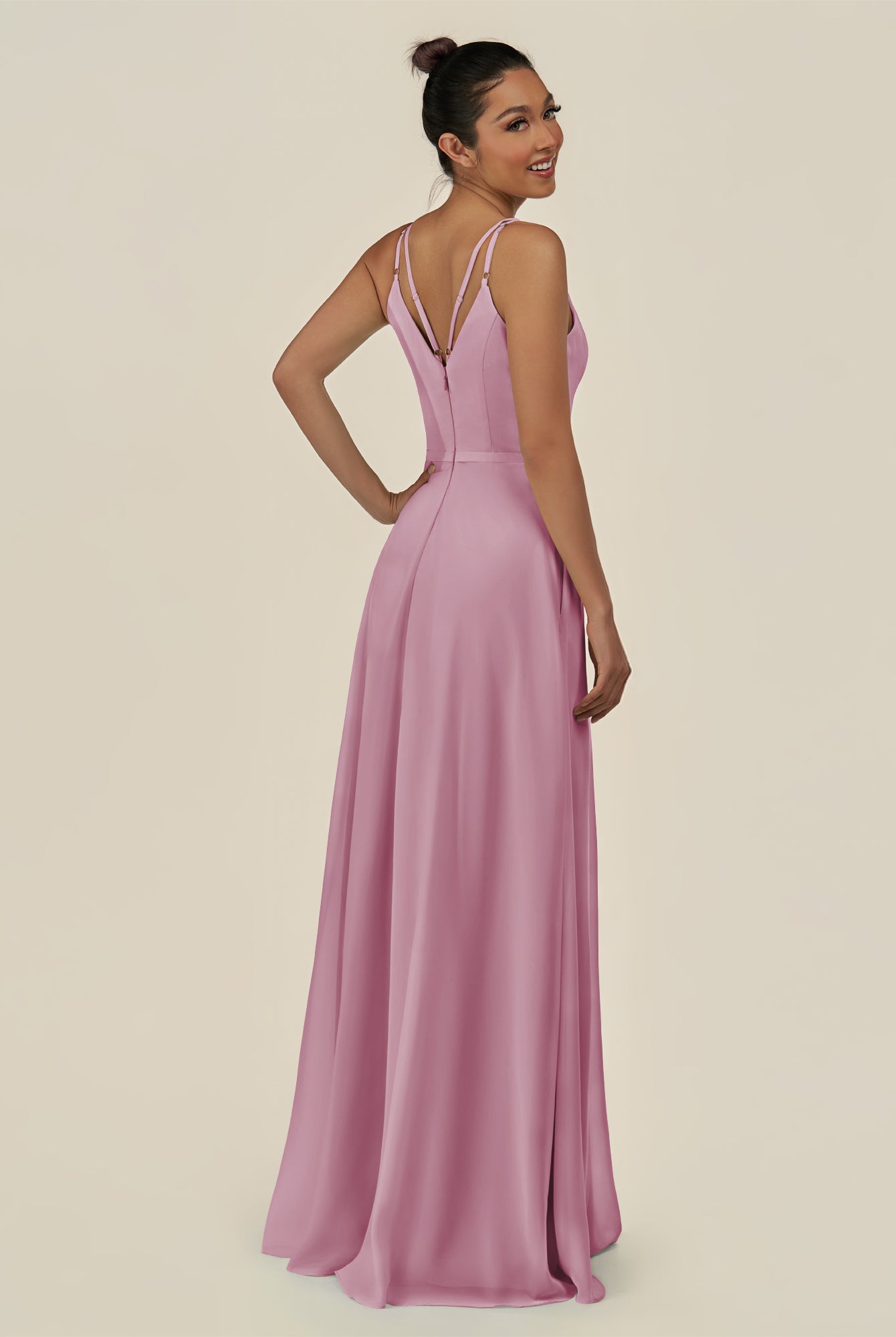 KissDress-Lurne Vintage Mauve A Line Chiffon V Neck Long Bridesmaid Dress with Cinched Waistline