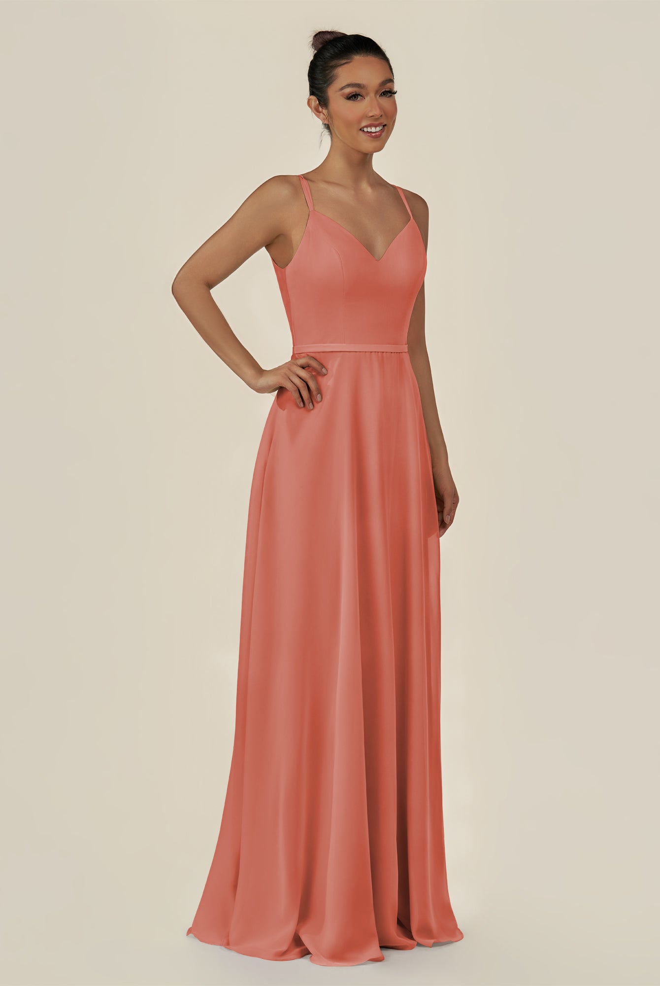 KissDress-Lurne Wild Rose A Line Chiffon V Neck Long Bridesmaid Dress with Cinched Waistline