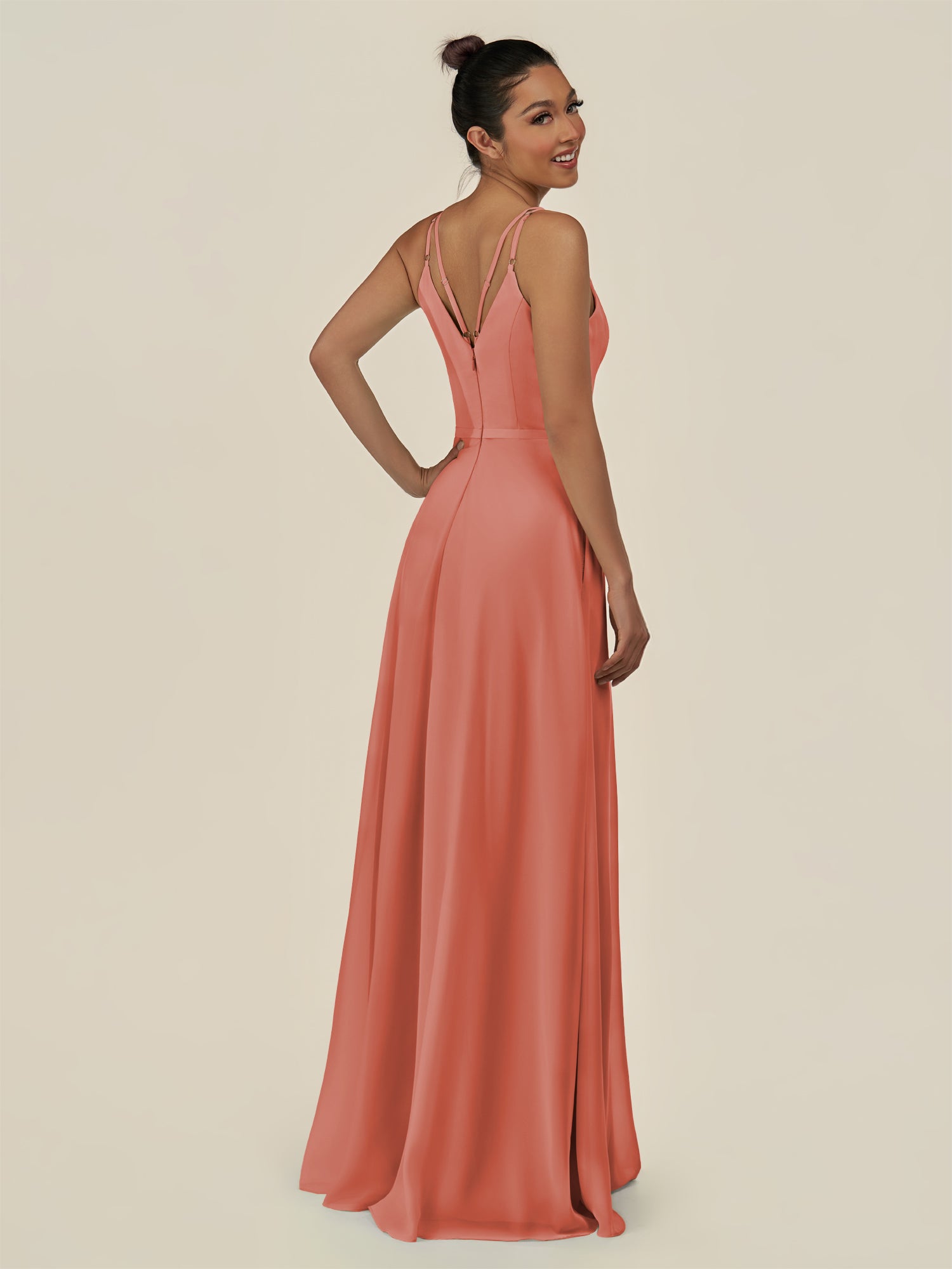 KissDress-Lurne Wild Rose A Line Chiffon V Neck Long Bridesmaid Dress with Cinched Waistline