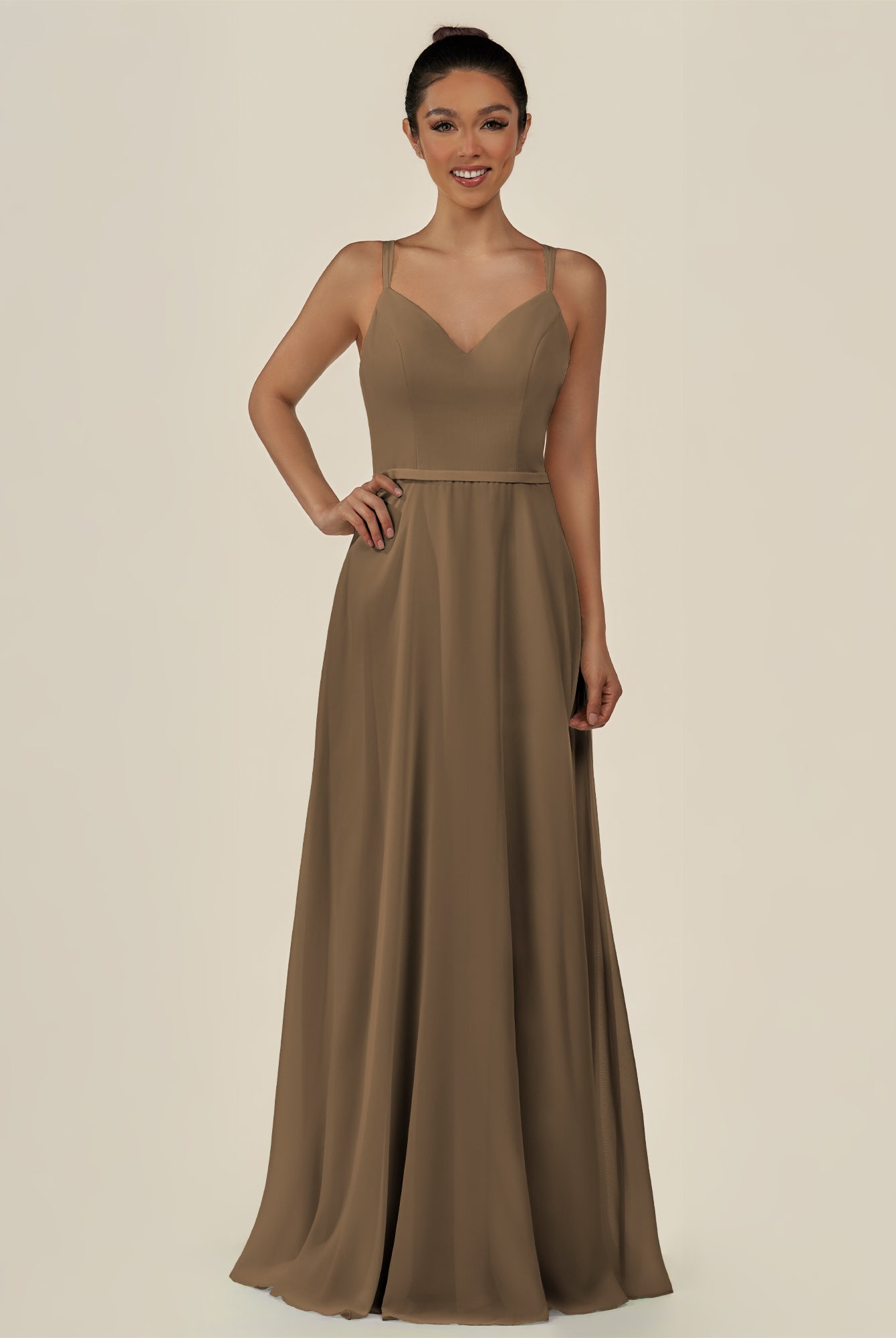KissDress-Lurne Willow Green A Line Chiffon V Neck Long Bridesmaid Dress with Cinched Waistline