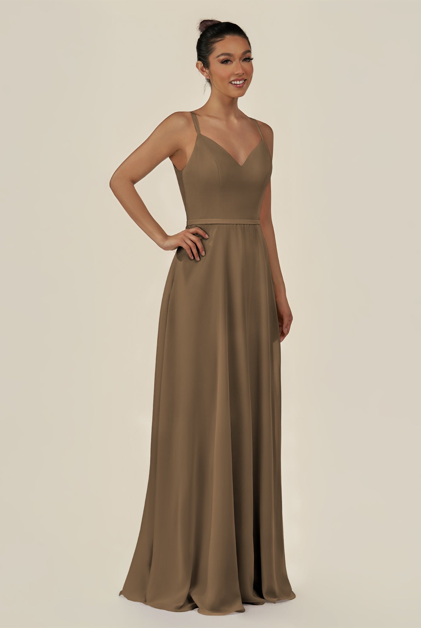 KissDress-Lurne Willow Green A Line Chiffon V Neck Long Bridesmaid Dress with Cinched Waistline