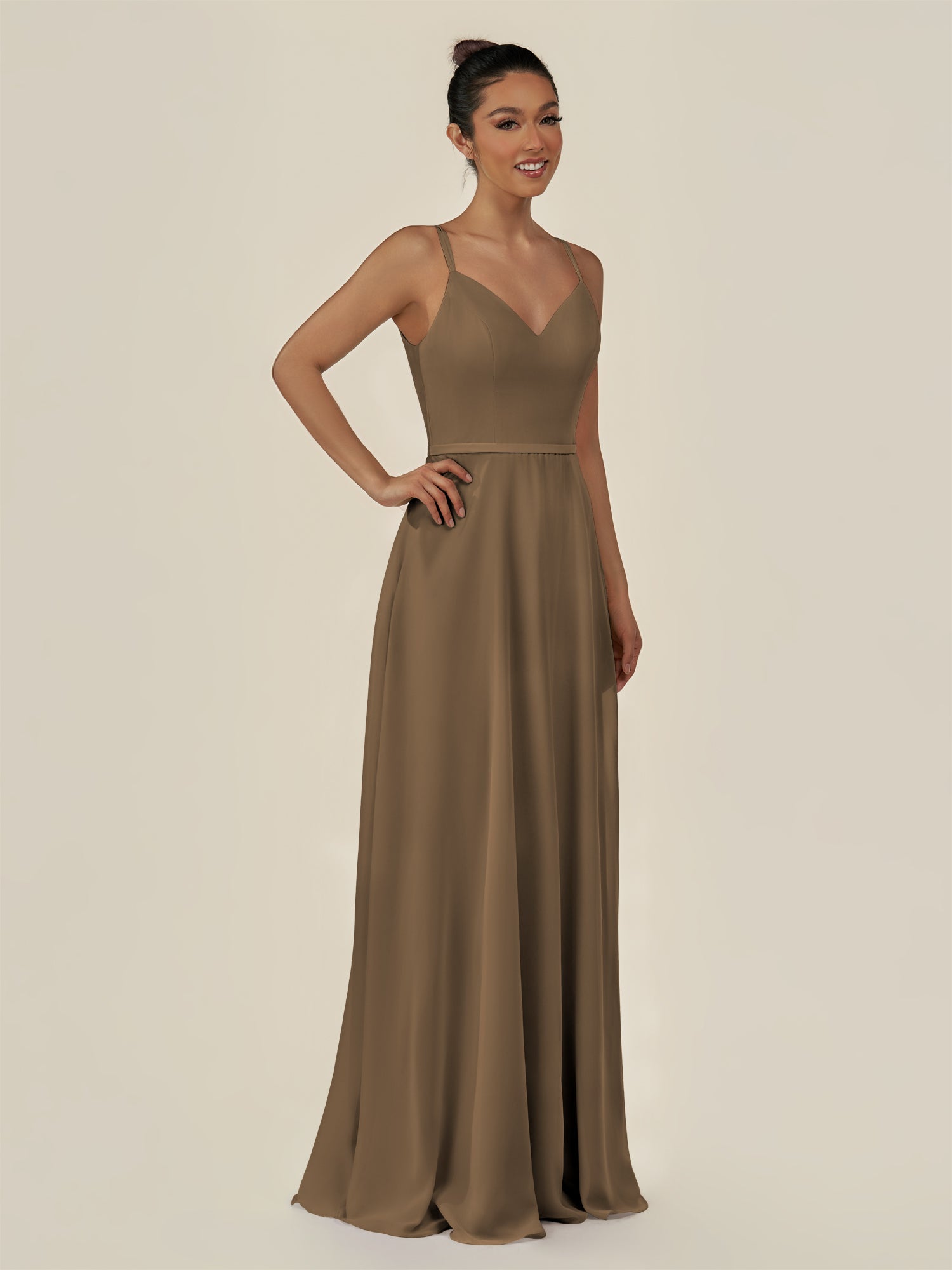 KissDress-Lurne Willow Green A Line Chiffon V Neck Long Bridesmaid Dress with Cinched Waistline