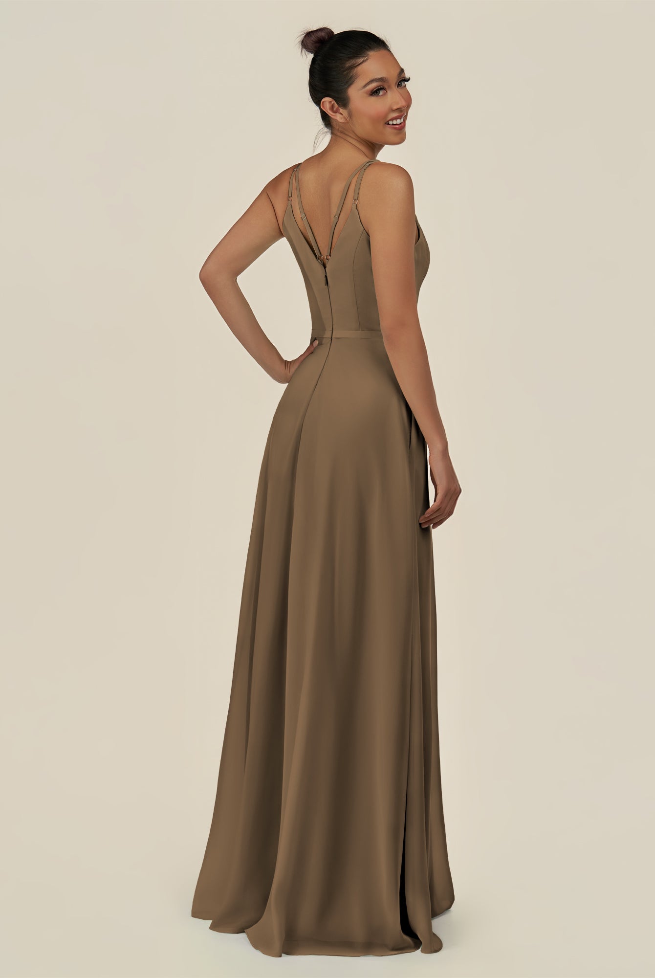 KissDress-Lurne Willow Green A Line Chiffon V Neck Long Bridesmaid Dress with Cinched Waistline