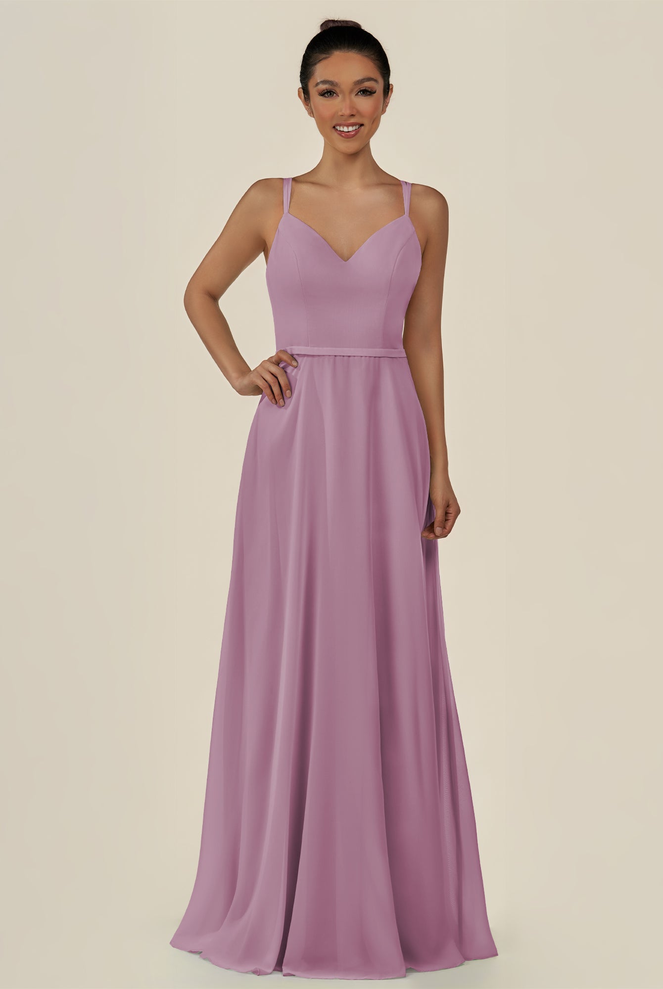 KissDress-Lurne Wisteria A Line Chiffon V Neck Long Bridesmaid Dress with Cinched Waistline