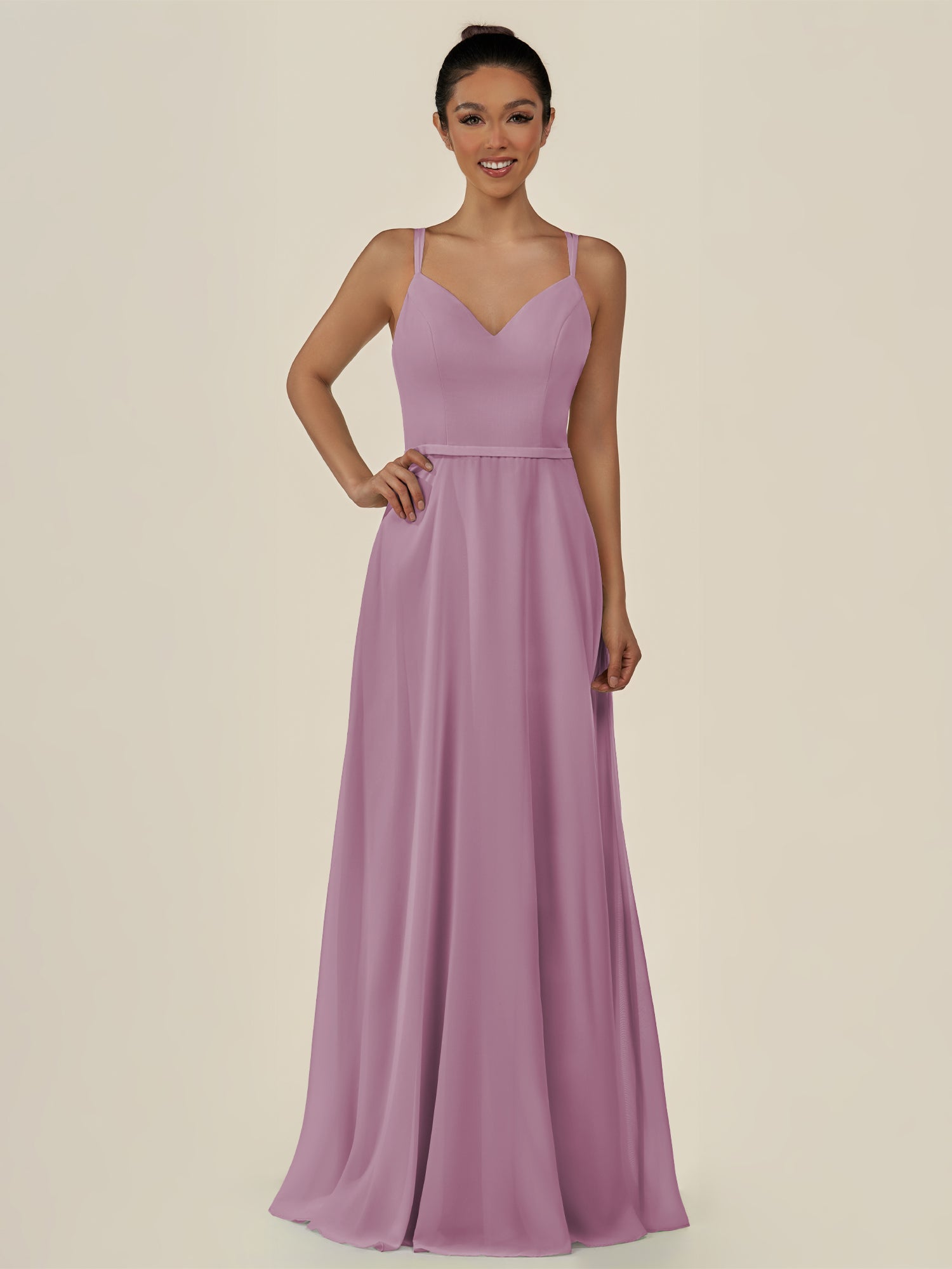 KissDress-Lurne Wisteria A Line Chiffon V Neck Long Bridesmaid Dress with Cinched Waistline