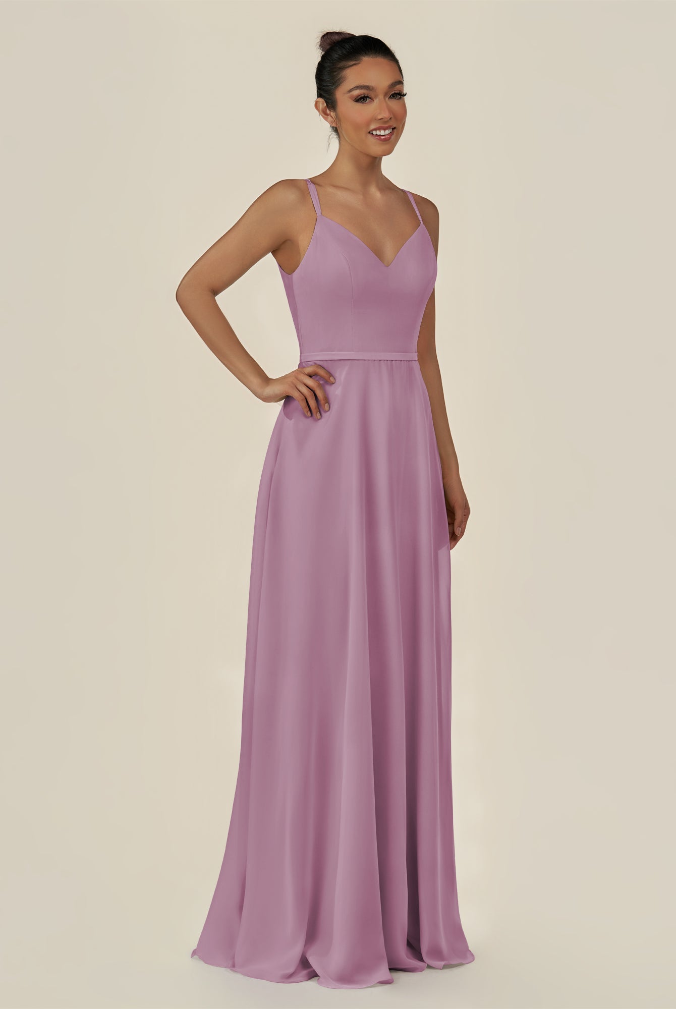 KissDress-Lurne Wisteria A Line Chiffon V Neck Long Bridesmaid Dress with Cinched Waistline