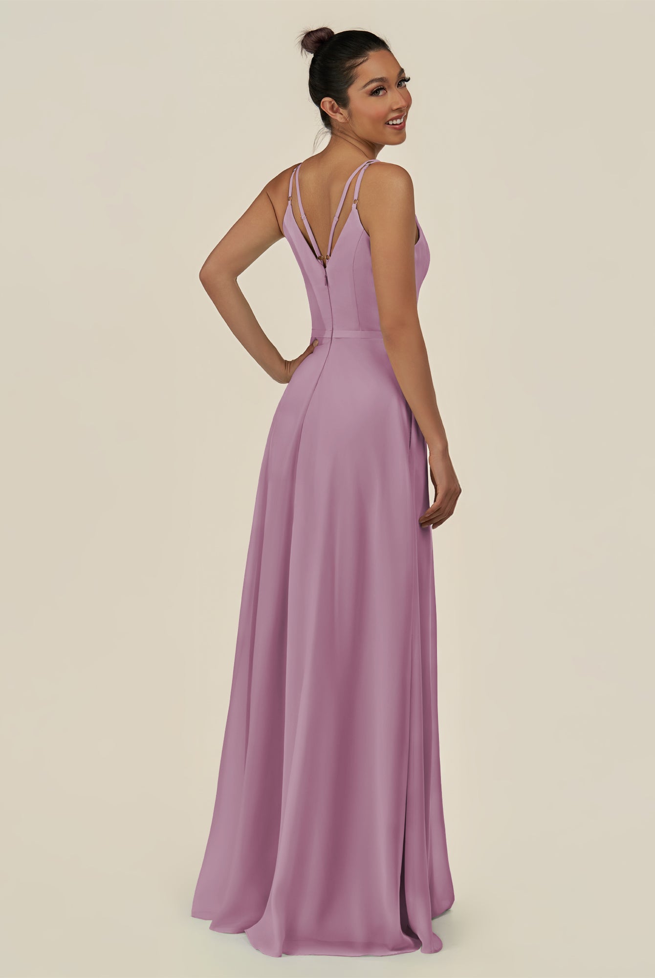 KissDress-Lurne Wisteria A Line Chiffon V Neck Long Bridesmaid Dress with Cinched Waistline