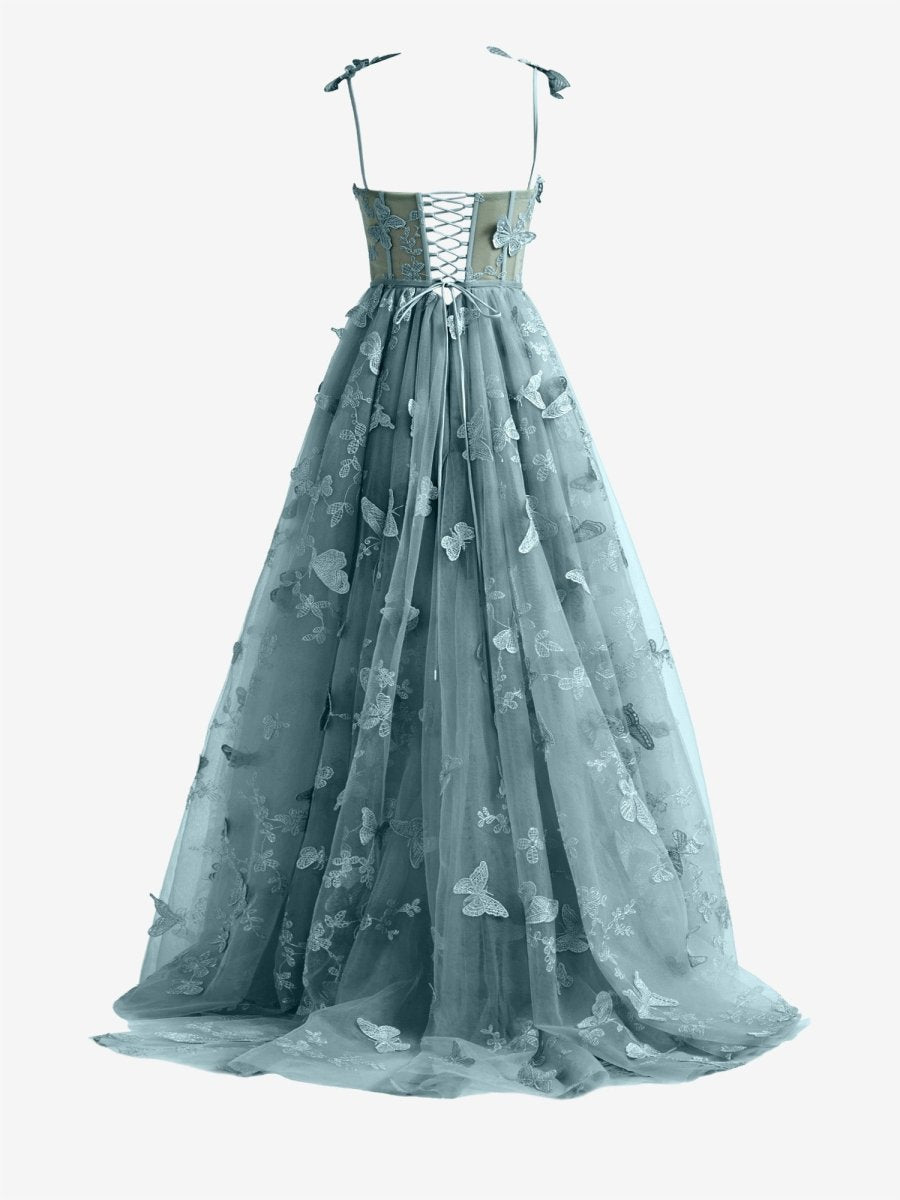 Lydia | Dusty Blue A - line Butterfly Lace Lilac Corset Prom Dress with Slit - KissProm