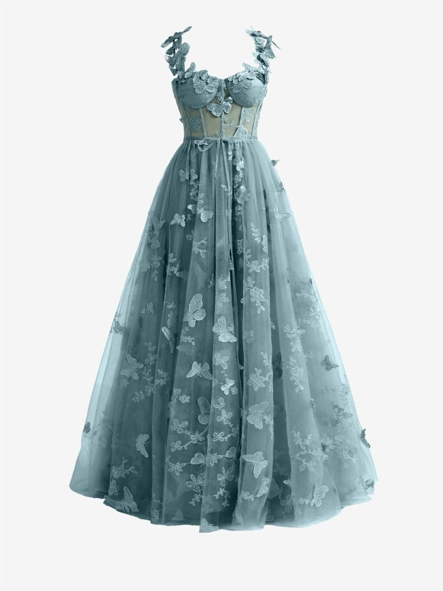 Lydia | Dusty Blue A - line Butterfly Lace Lilac Corset Prom Dress with Slit - KissProm