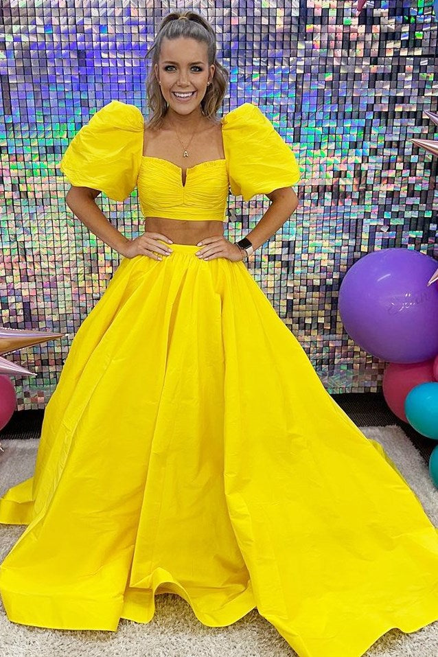 Green Two-Piece Puff Sleeves Satin Long Prom Dress With Split