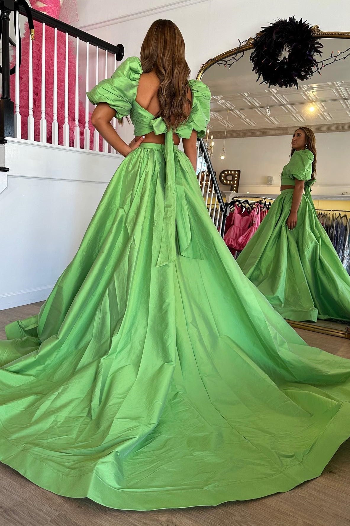 Green Two-Piece Puff Sleeves Satin Long Prom Dress With Split