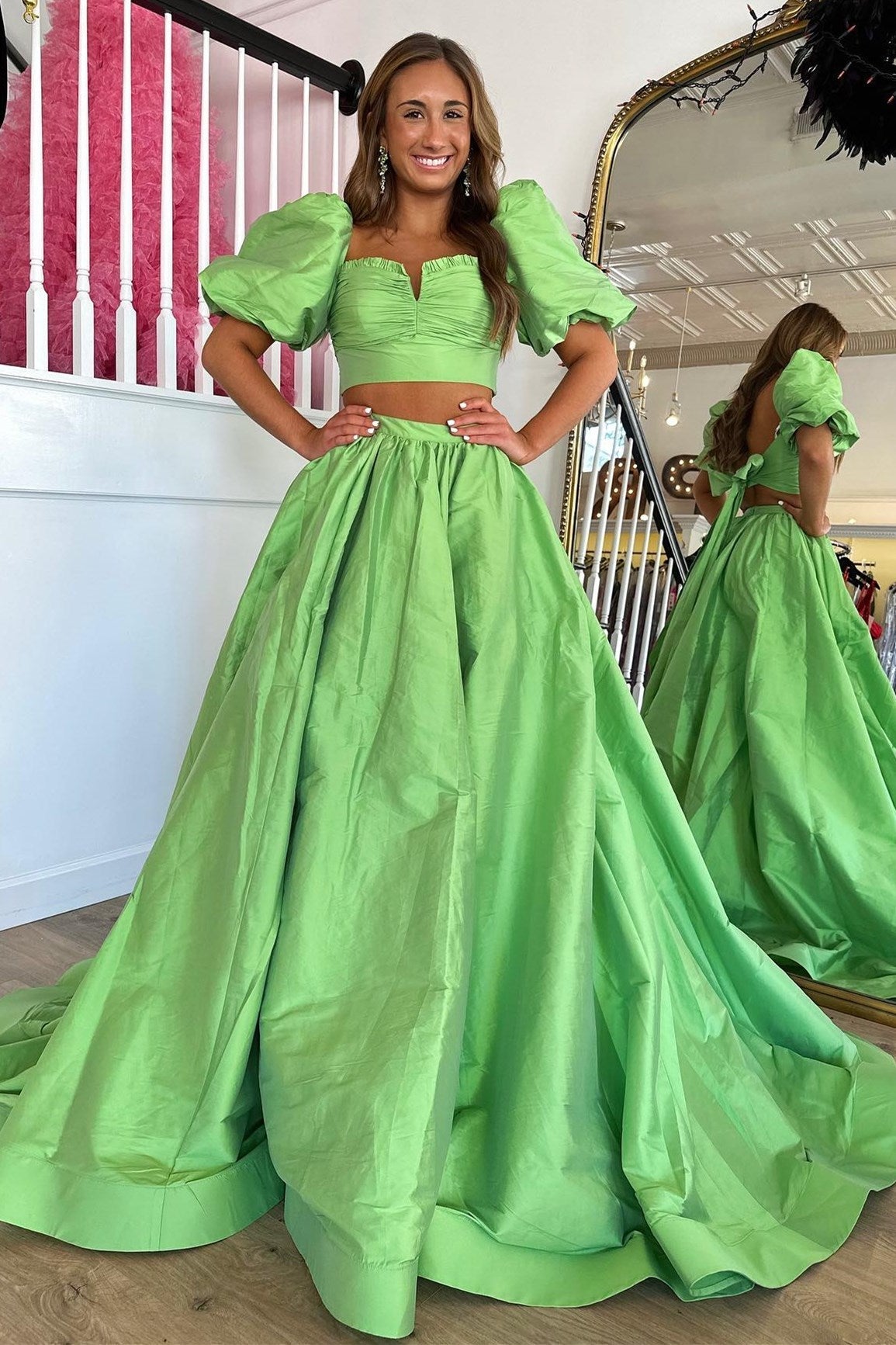 Green Two-Piece Puff Sleeves Satin Long Prom Dress With Split