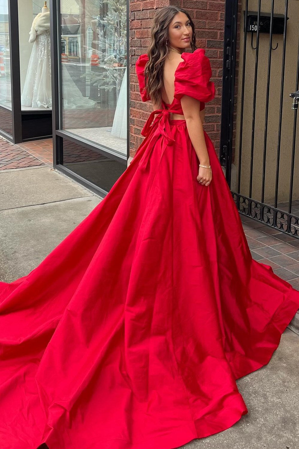 Green Two-Piece Puff Sleeves Satin Long Prom Dress With Split