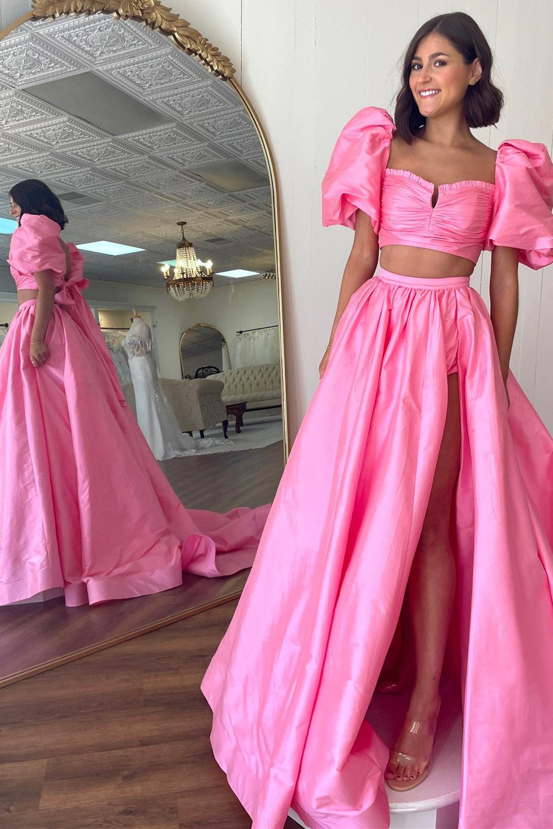 Green Two-Piece Puff Sleeves Satin Long Prom Dress With Split