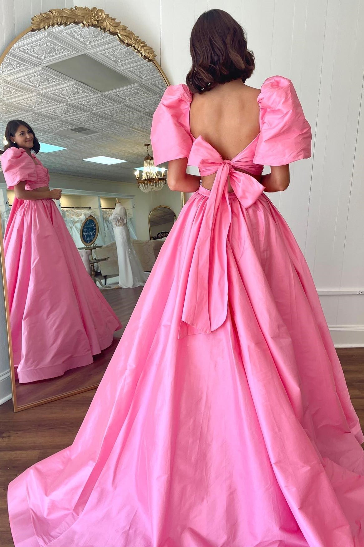 Green Two-Piece Puff Sleeves Satin Long Prom Dress With Split