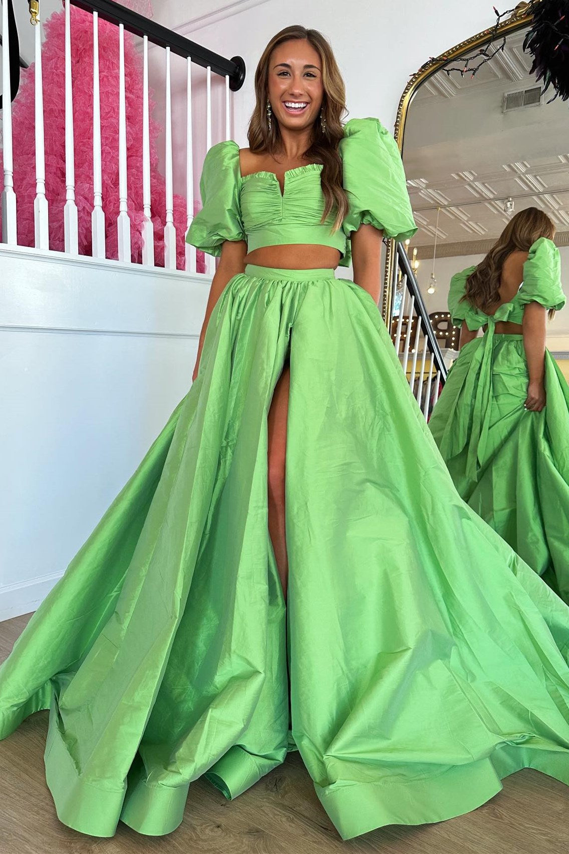 Green Two-Piece Puff Sleeves Satin Long Prom Dress With Split