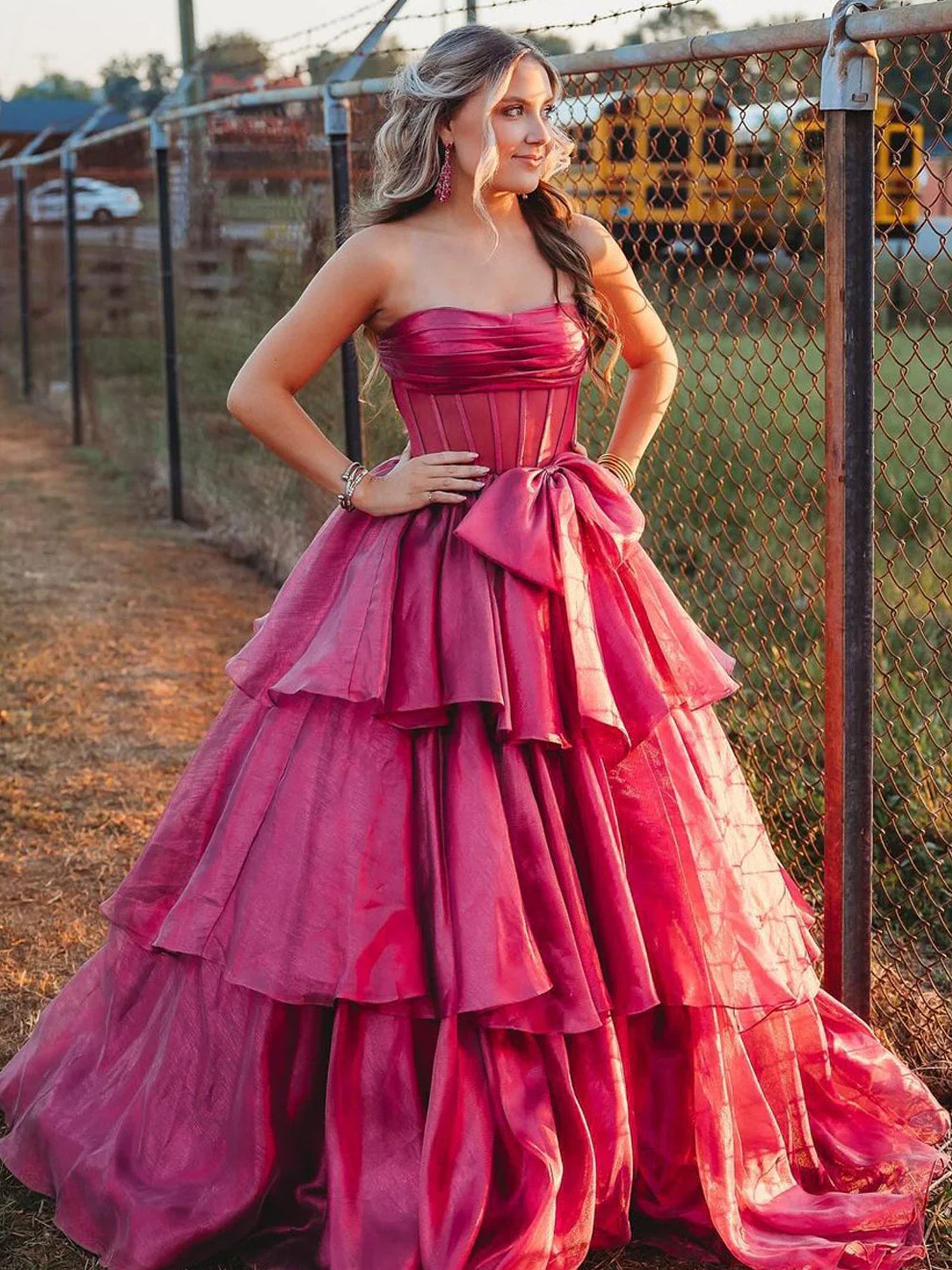 Ball Gown Strapless Organza Long Prom Dresses with Bow