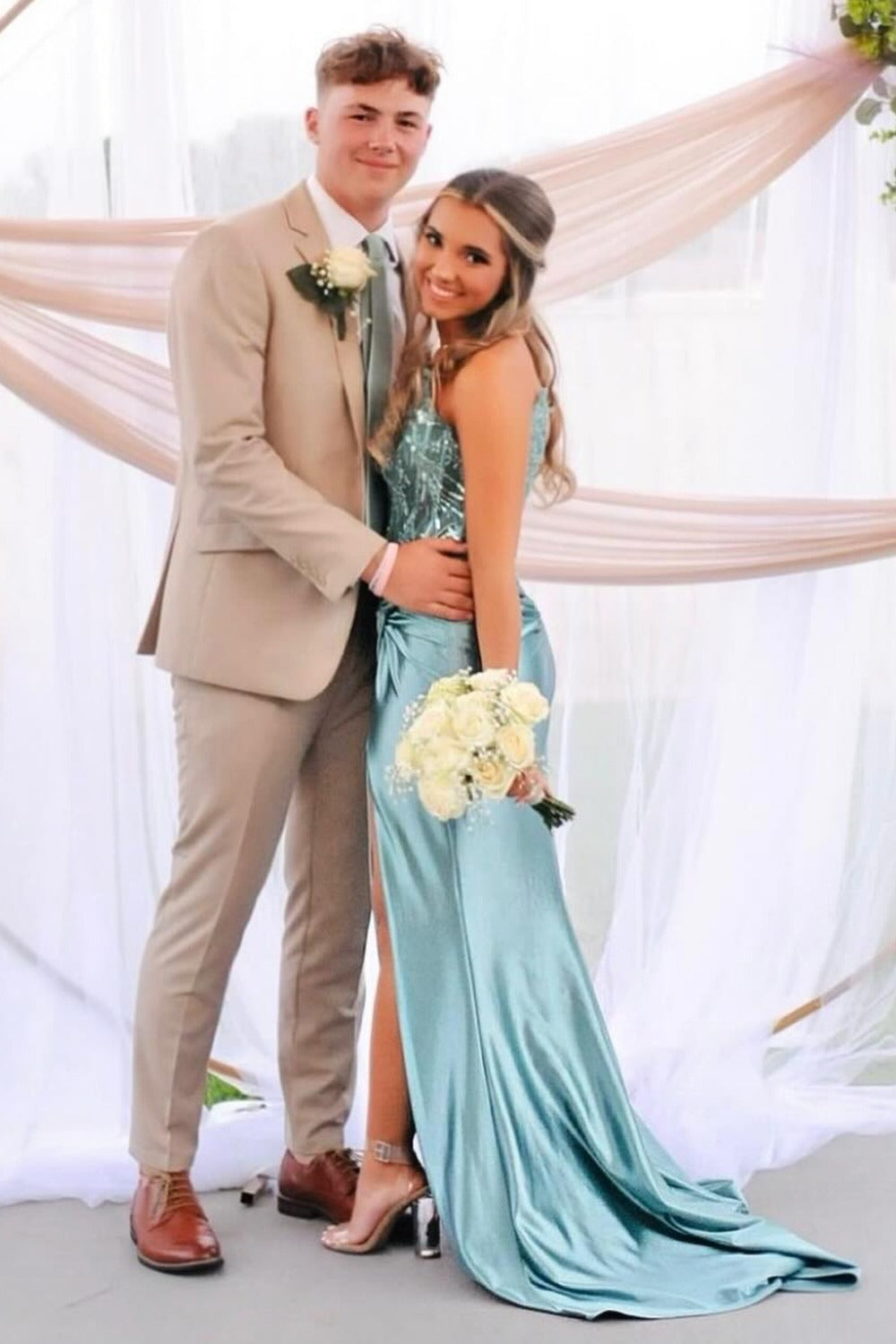 Blue Spaghetti Straps Satin Mermaid Long Prom Dress With Beading