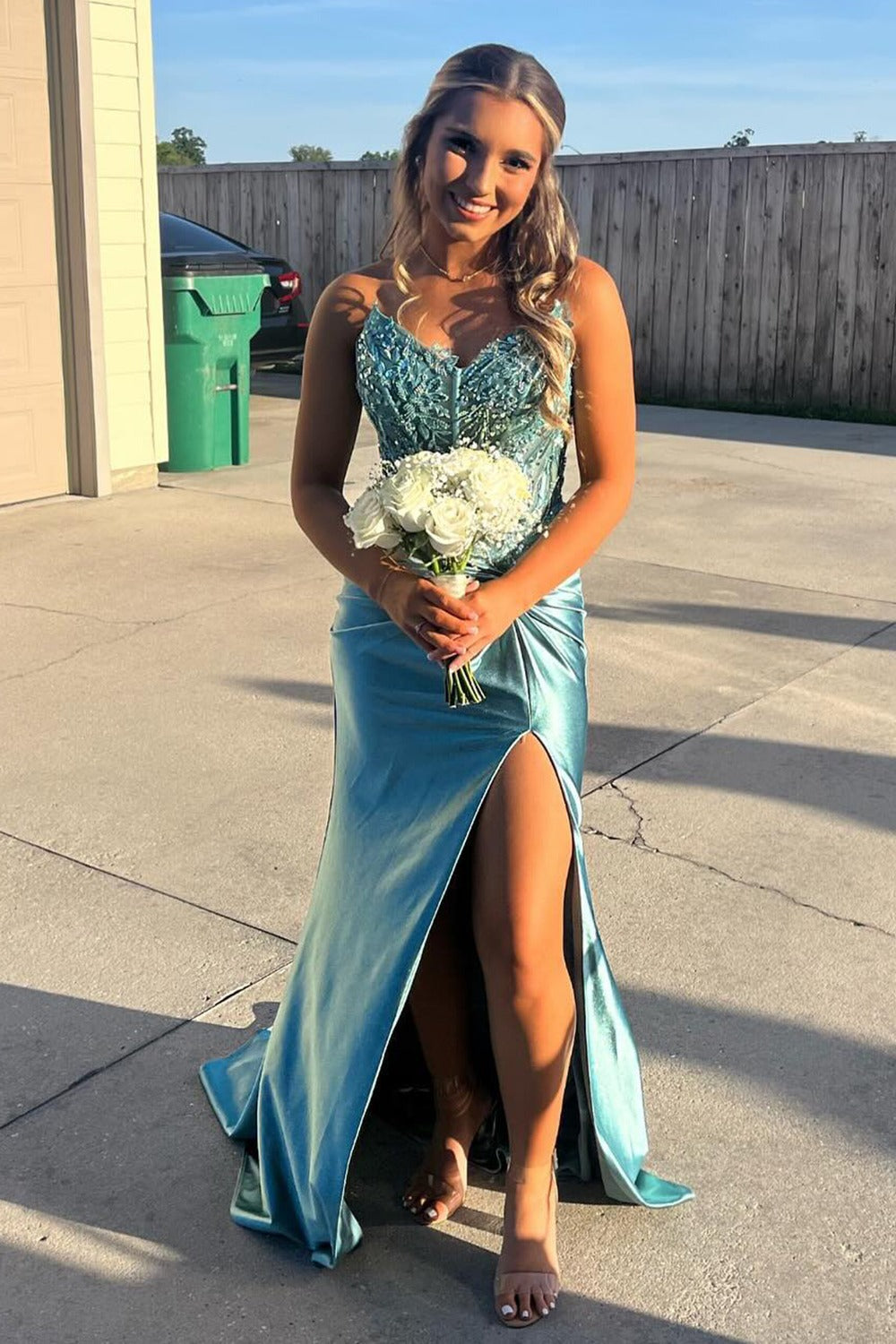 Blue Spaghetti Straps Satin Mermaid Long Prom Dress With Beading