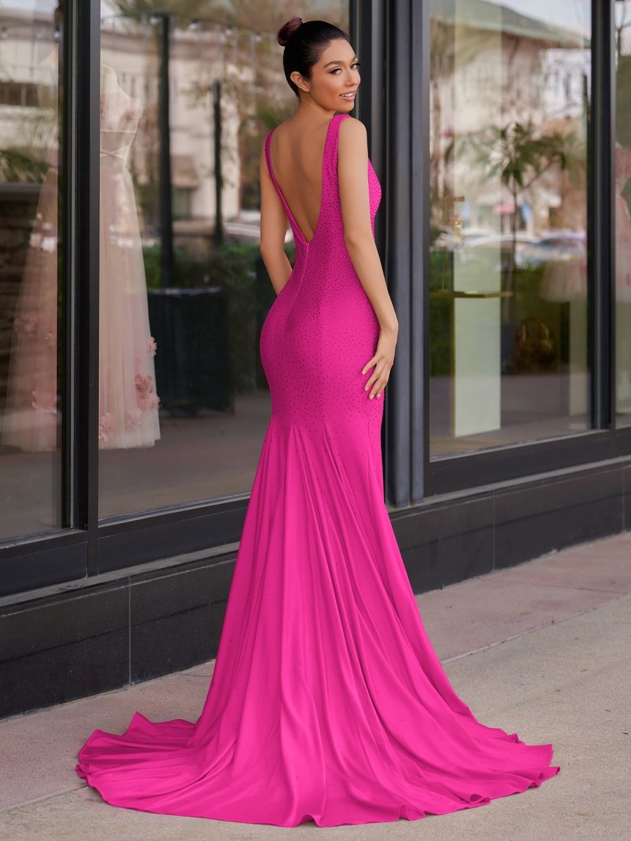 Molly | Mermaid Deep V - Neck Beaded Satin Long Prom Dress - KissProm