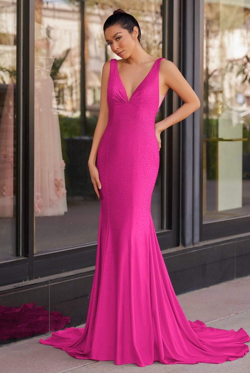 Molly | Mermaid Deep V - Neck Beaded Satin Long Prom Dress - KissProm