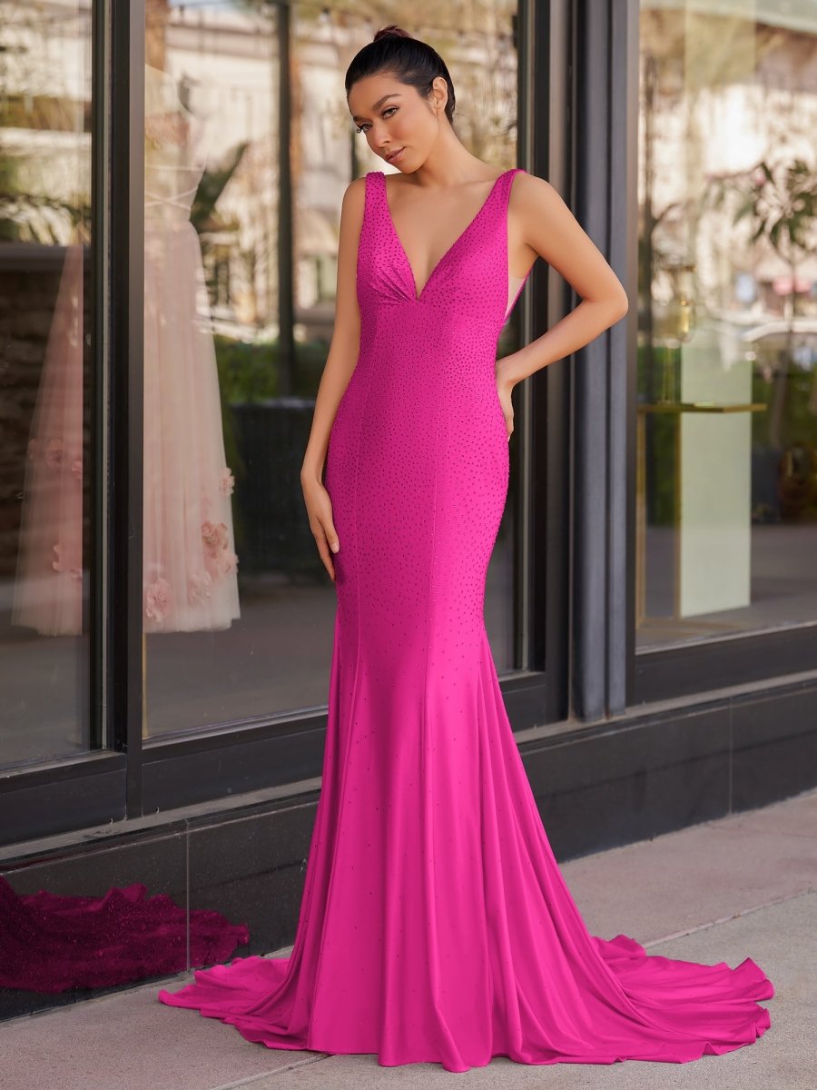 Molly | Mermaid Deep V - Neck Beaded Satin Long Prom Dress - KissProm
