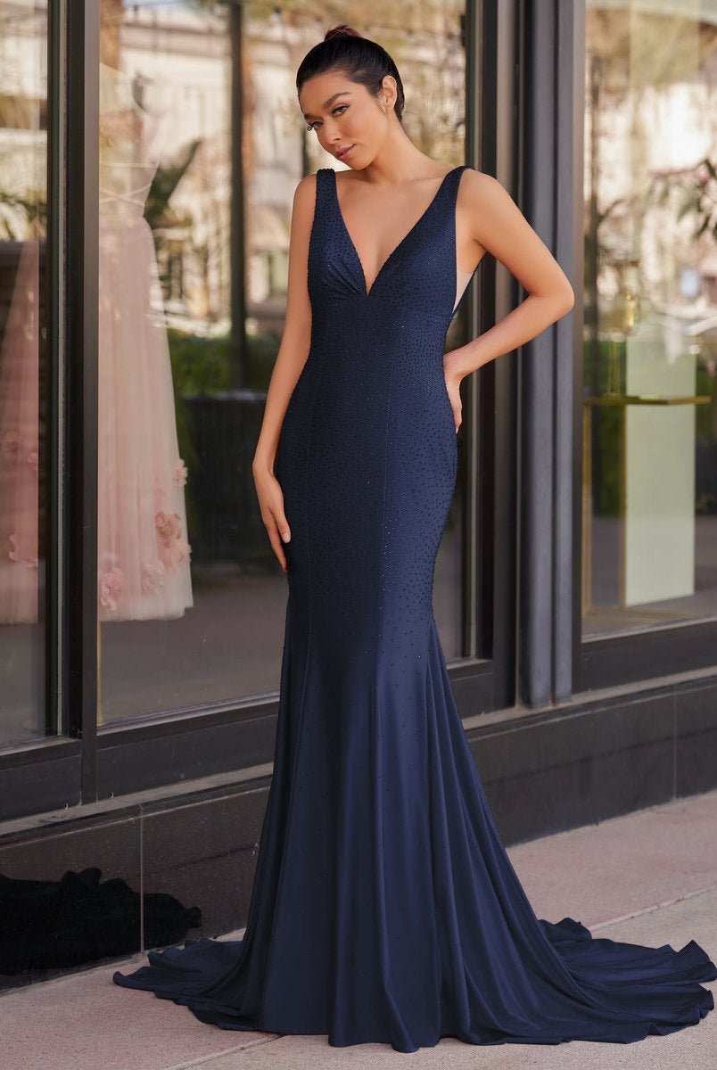 Molly | Mermaid Deep V - Neck Beaded Satin Long Prom Dress - KissProm
