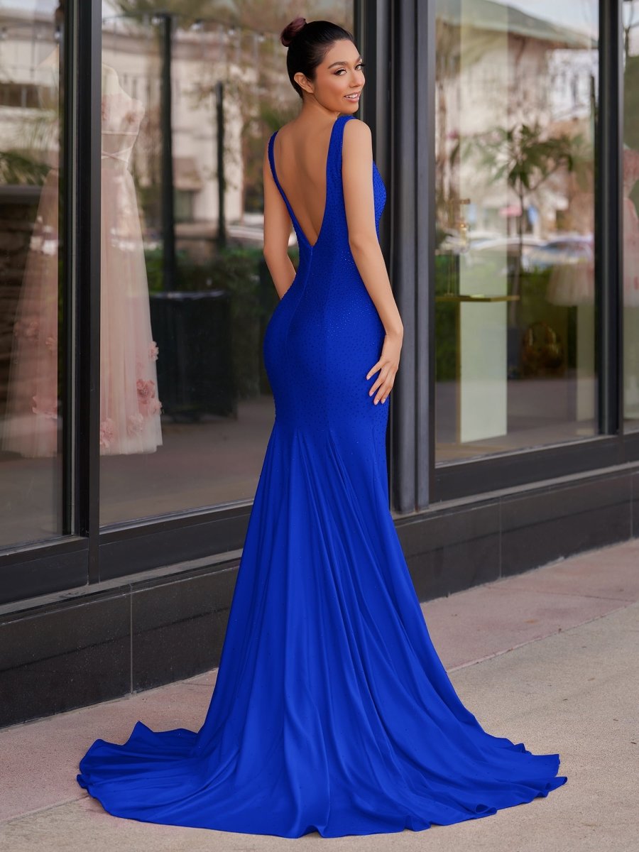 Molly | Mermaid Deep V - Neck Beaded Satin Long Prom Dress - KissProm