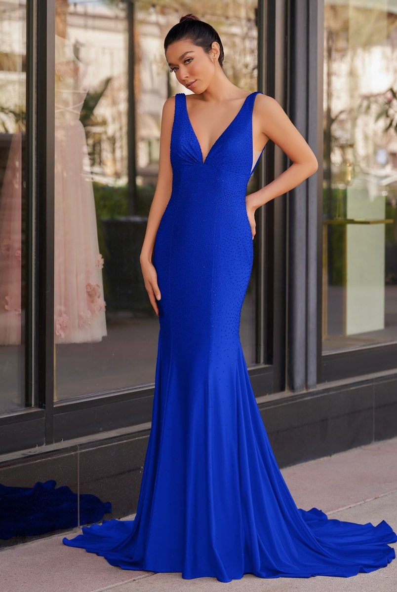 Molly | Mermaid Deep V - Neck Beaded Satin Long Prom Dress - KissProm