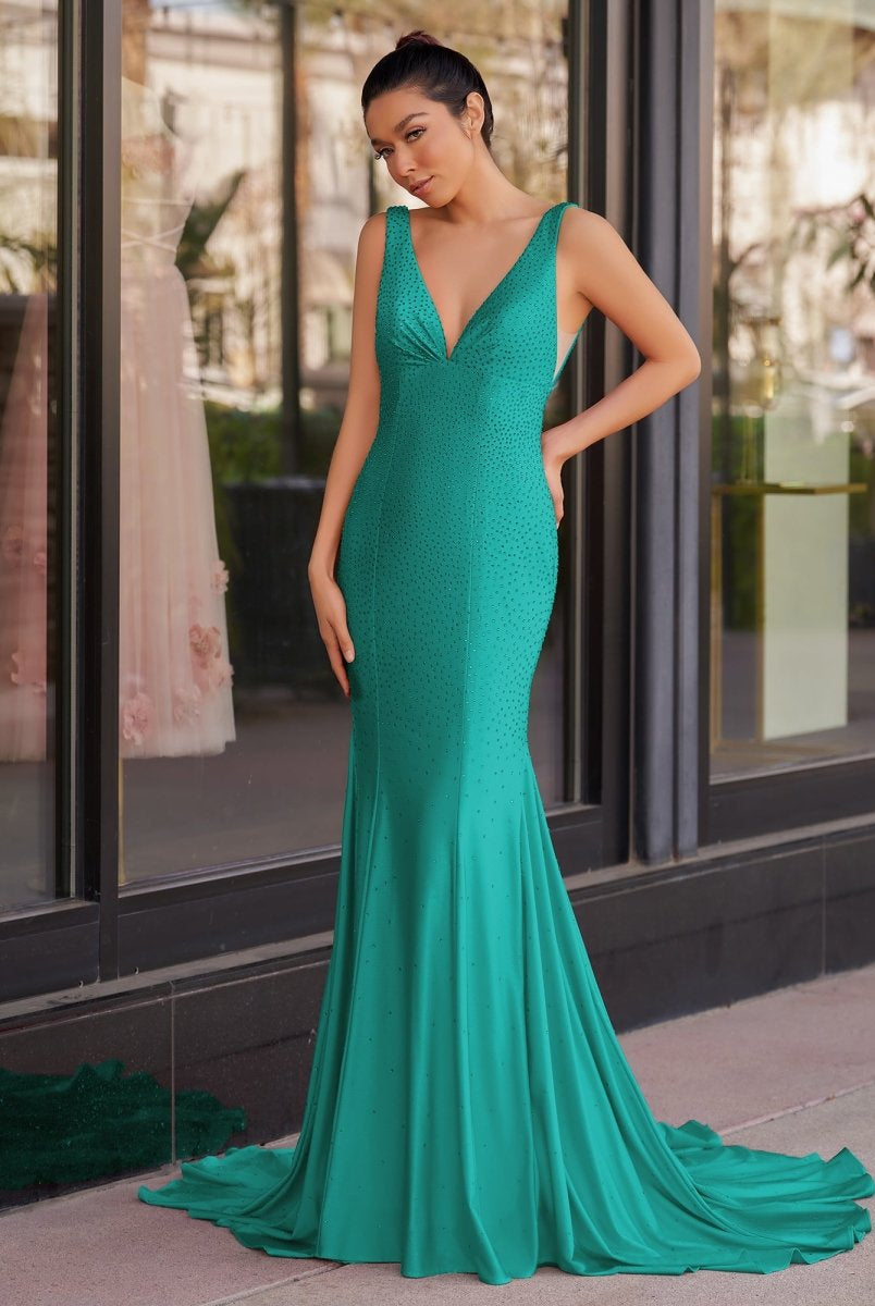 Molly | Mermaid Deep V - Neck Beaded Satin Long Prom Dress - KissProm