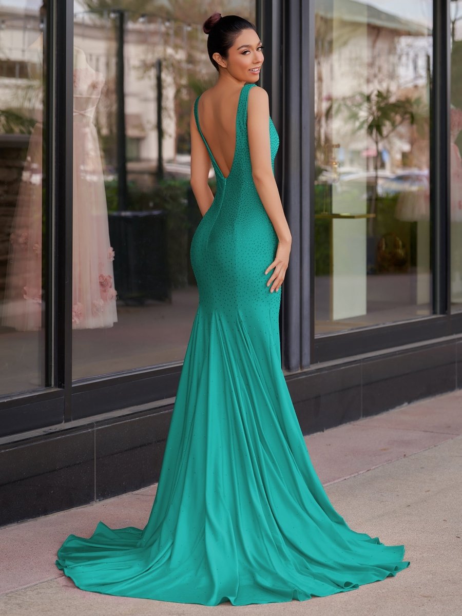 Molly | Mermaid Deep V - Neck Beaded Satin Long Prom Dress - KissProm