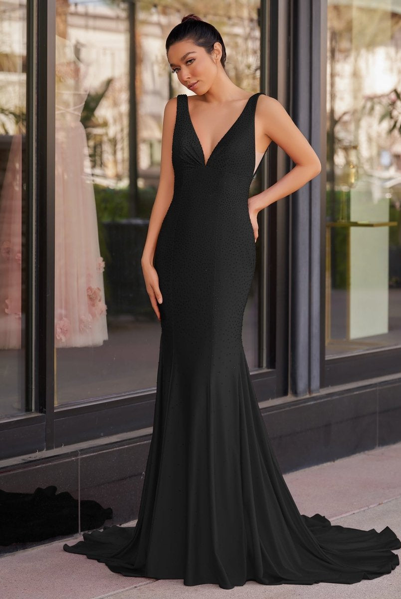 Molly | Mermaid Deep V - Neck Beaded Satin Long Prom Dress - KissProm