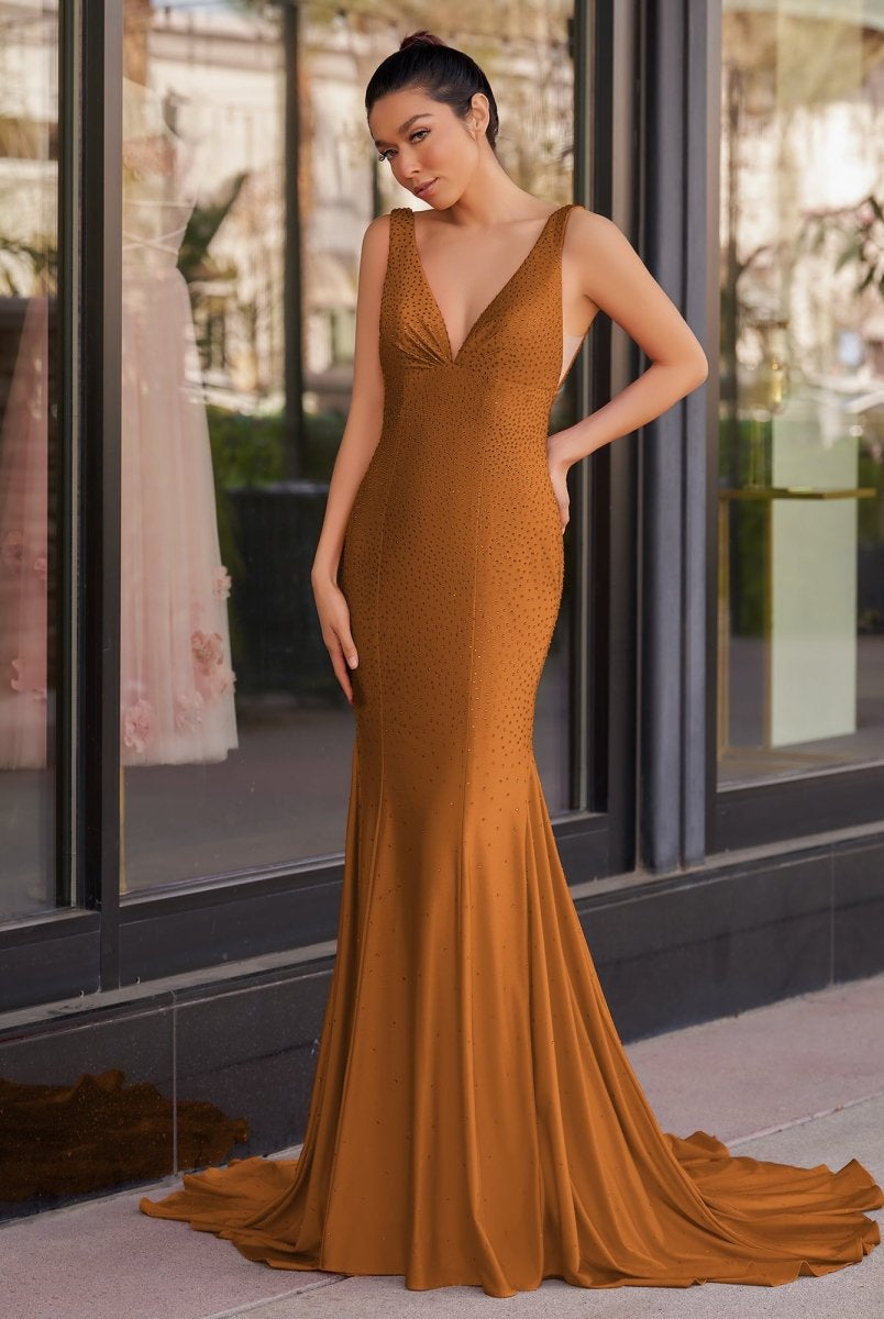 Molly | Mermaid Deep V - Neck Beaded Satin Long Prom Dress - KissProm