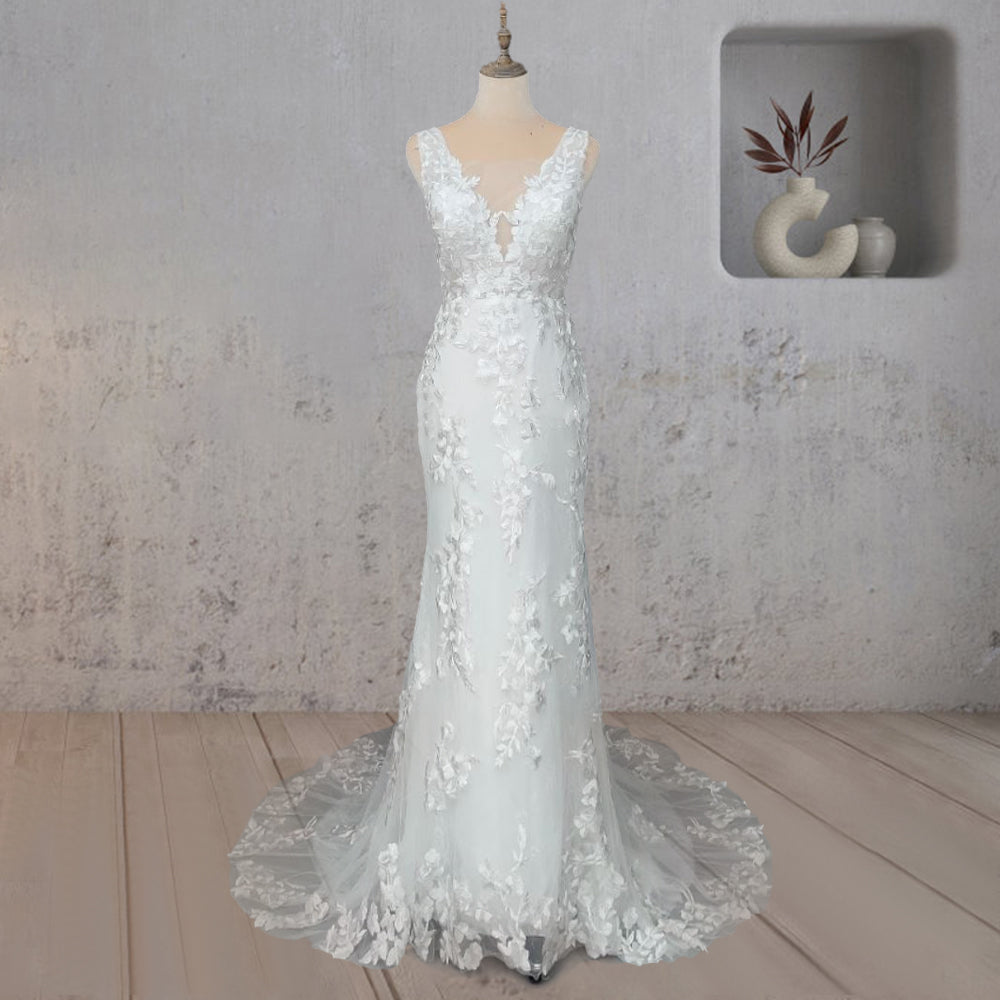 Mermaid Lace Illusion V Neck Sleeveless Backless Wedding Dress