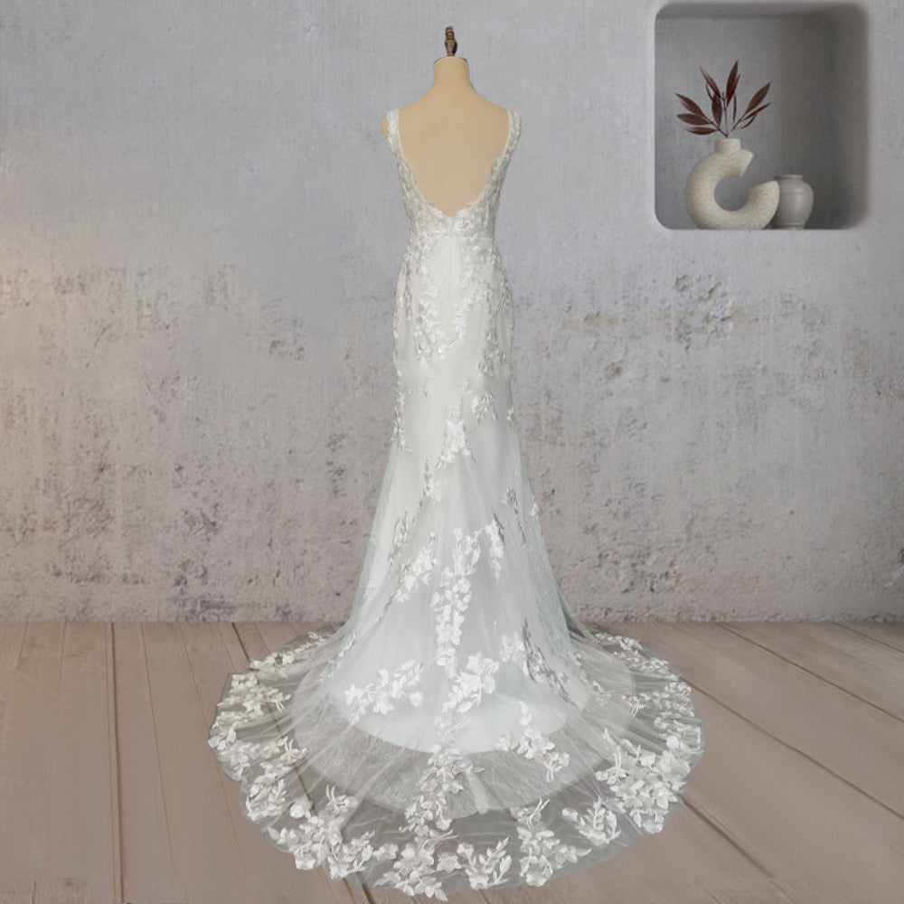 Mermaid Lace Illusion V Neck Sleeveless Backless Wedding Dress