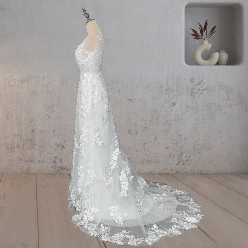 Mermaid Lace Illusion V Neck Sleeveless Backless Wedding Dress