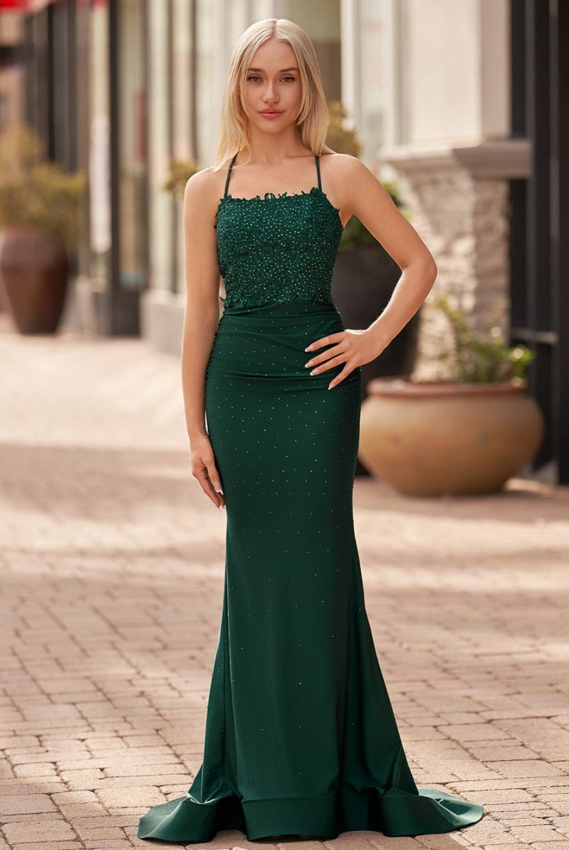 Jimena | Mermaid Spaghetti Straps Dark Green Long Prom Dress with Appliques - KissProm